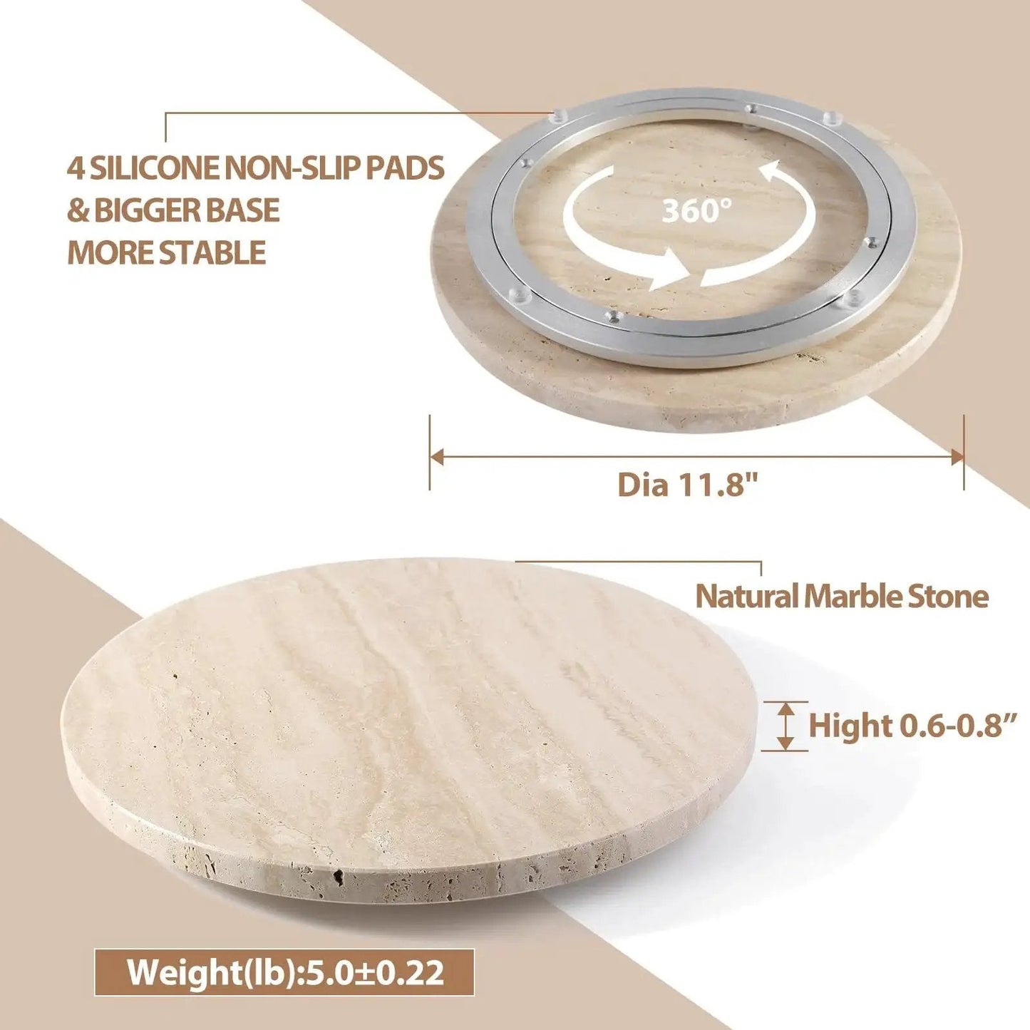 Natural Travertine Lazy Susan Turntable Organizer with 360° rotation, 12 inch round serving tray for countertop and tabletop use.