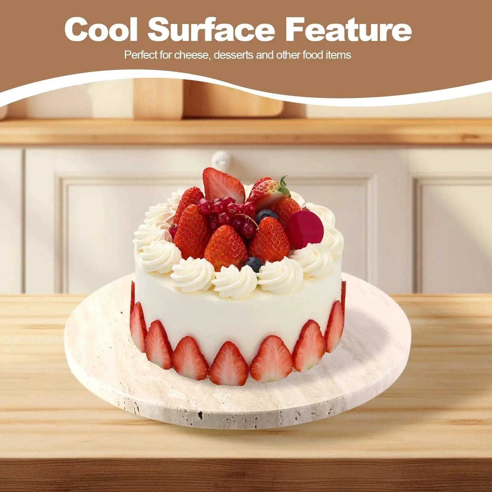 Natural Travertine Lazy Susan Turntable Organizer for Tabletop with Cake Displayed, 12 Inch Round Serving Tray