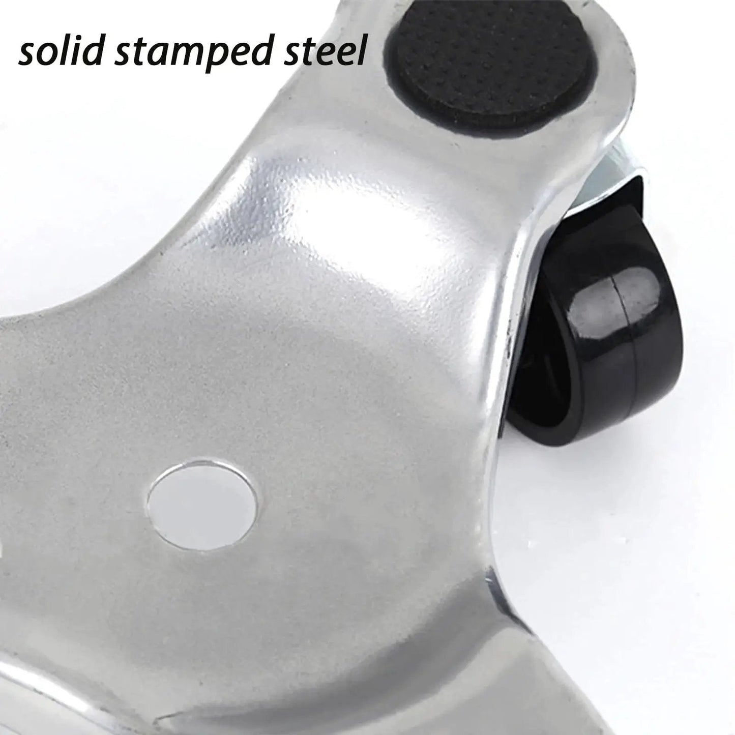 Close-up of solid stamped steel frame with a black swivel caster from the 8 Piece Triangle Furniture Dollies Set With 6 Inch Steel Swivel Caster Wheels For Moving Heavy Furniture And Appliances Up To 400 Lbs Protective Foam Discs Cushions To Reduce Noise And Prevent Damage