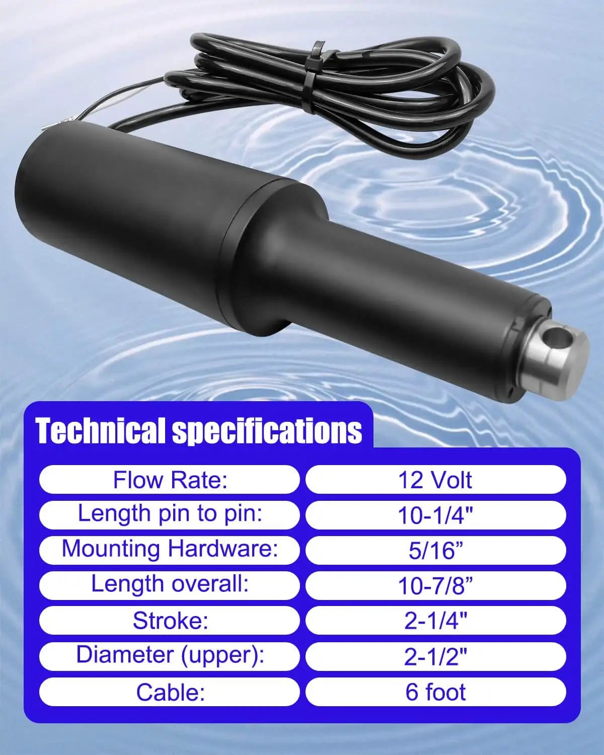 Trim Tab Actuator For Air Boats 12V Short Duty, Two And A Quarter Inch Stroke with technical specifications displayed