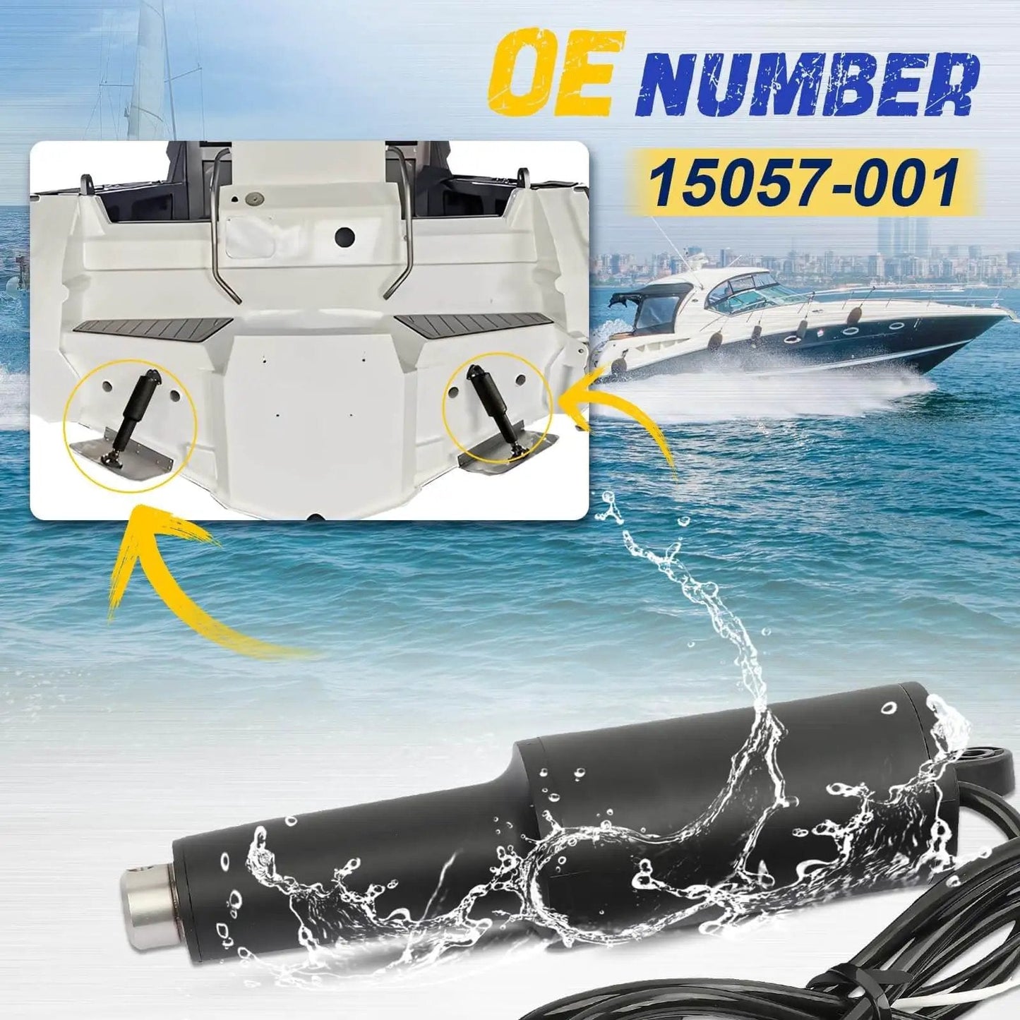 Trim Tab Actuator for 2009 and Newer Air Boats Short Stroke Two and a Quarter Inch, 12V, 6 Ft Cable shown with marine boat.