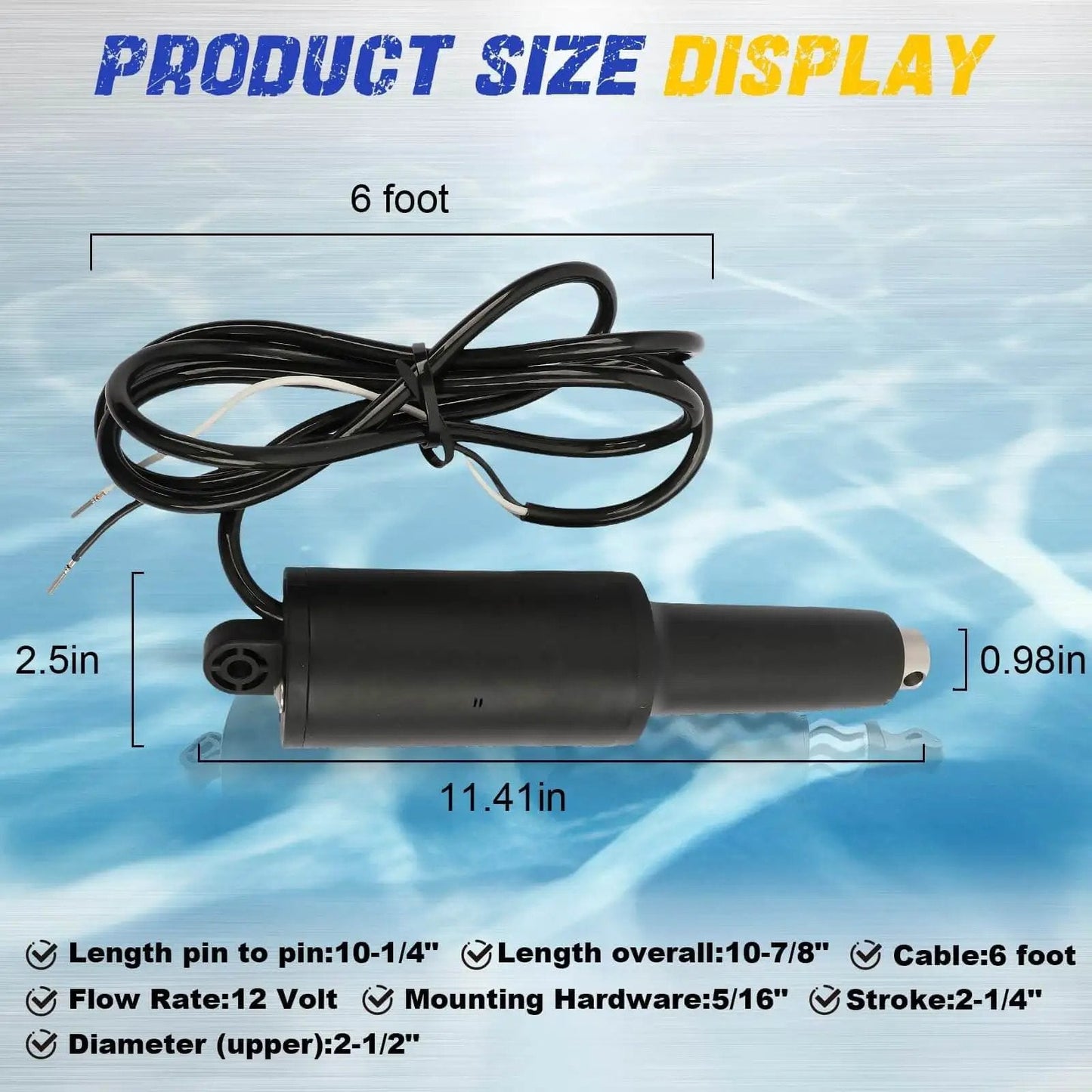 Trim Tab Actuator for 2009 and Newer Air Boats Short Stroke Two and a Quarter Inch, 12V, 6 Ft Cable, measurement details