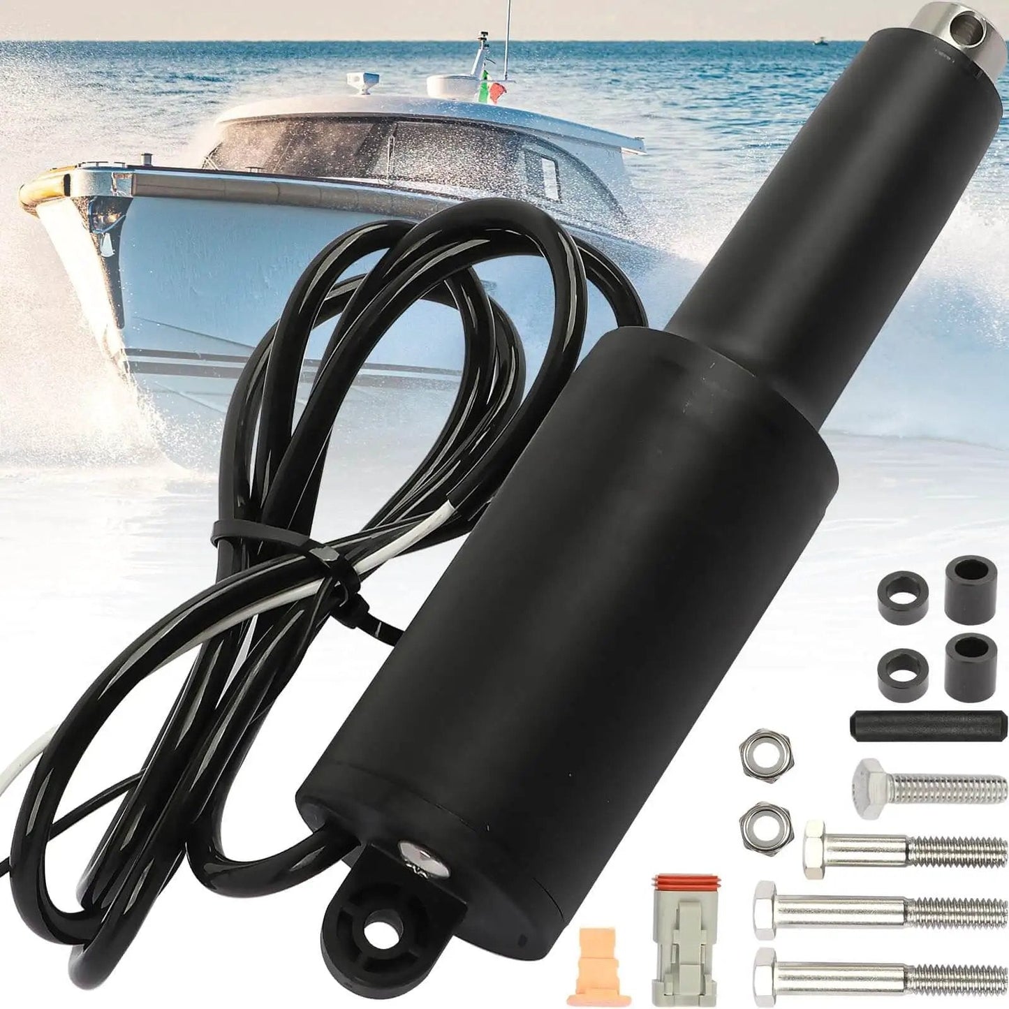 Trim Tab Actuator for 2009 and Newer Air Boats Short Stroke Two and a Quarter Inch, 12V, 6 Ft Cable, mount hardware