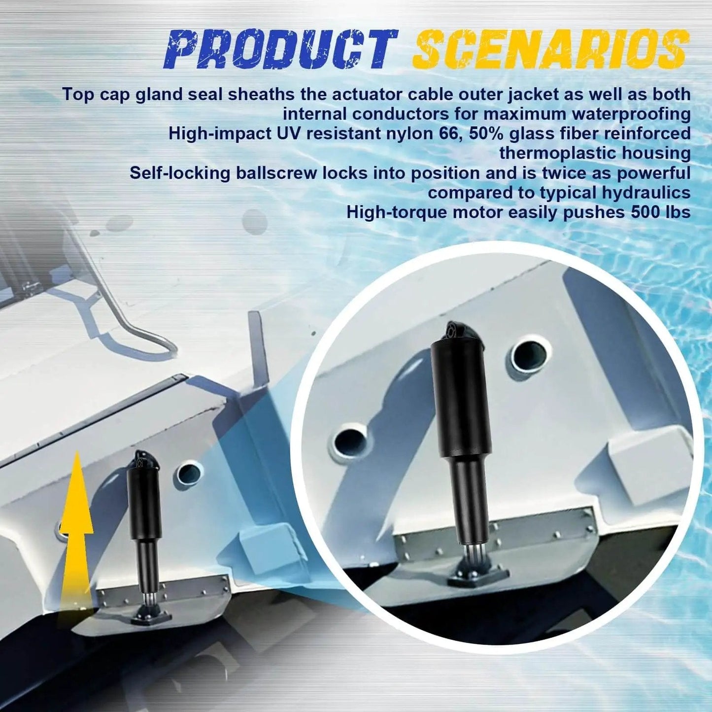 Trim Tab Actuator for 2009 and Newer Air Boats Short Stroke Two and a Quarter Inch, 12V installed on a boat hull with 6 Ft Cable