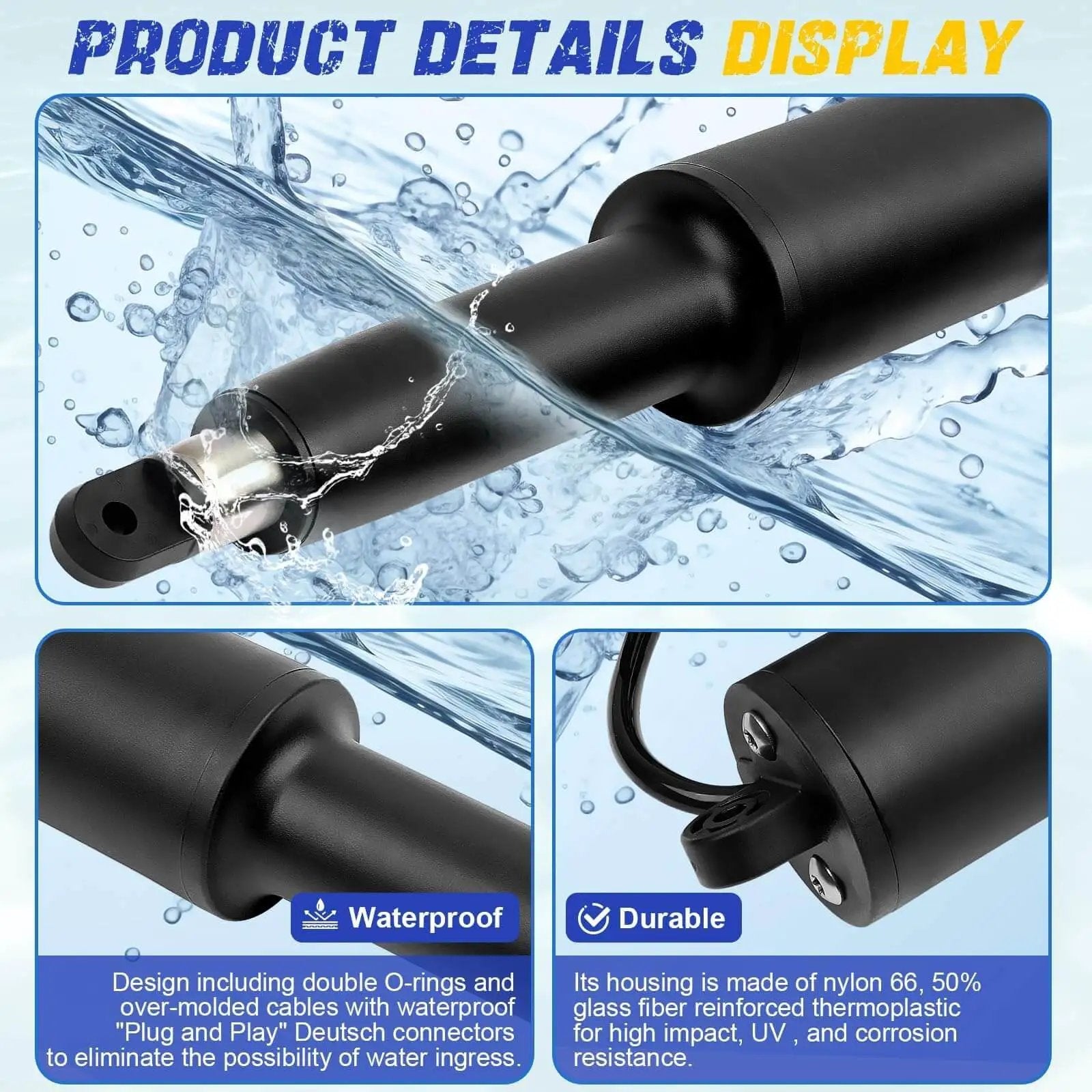 Premium Heavy Duty Replacement Trim Tab Actuator For Lenco 102 Series, 12V, close-up on waterproof design and wires