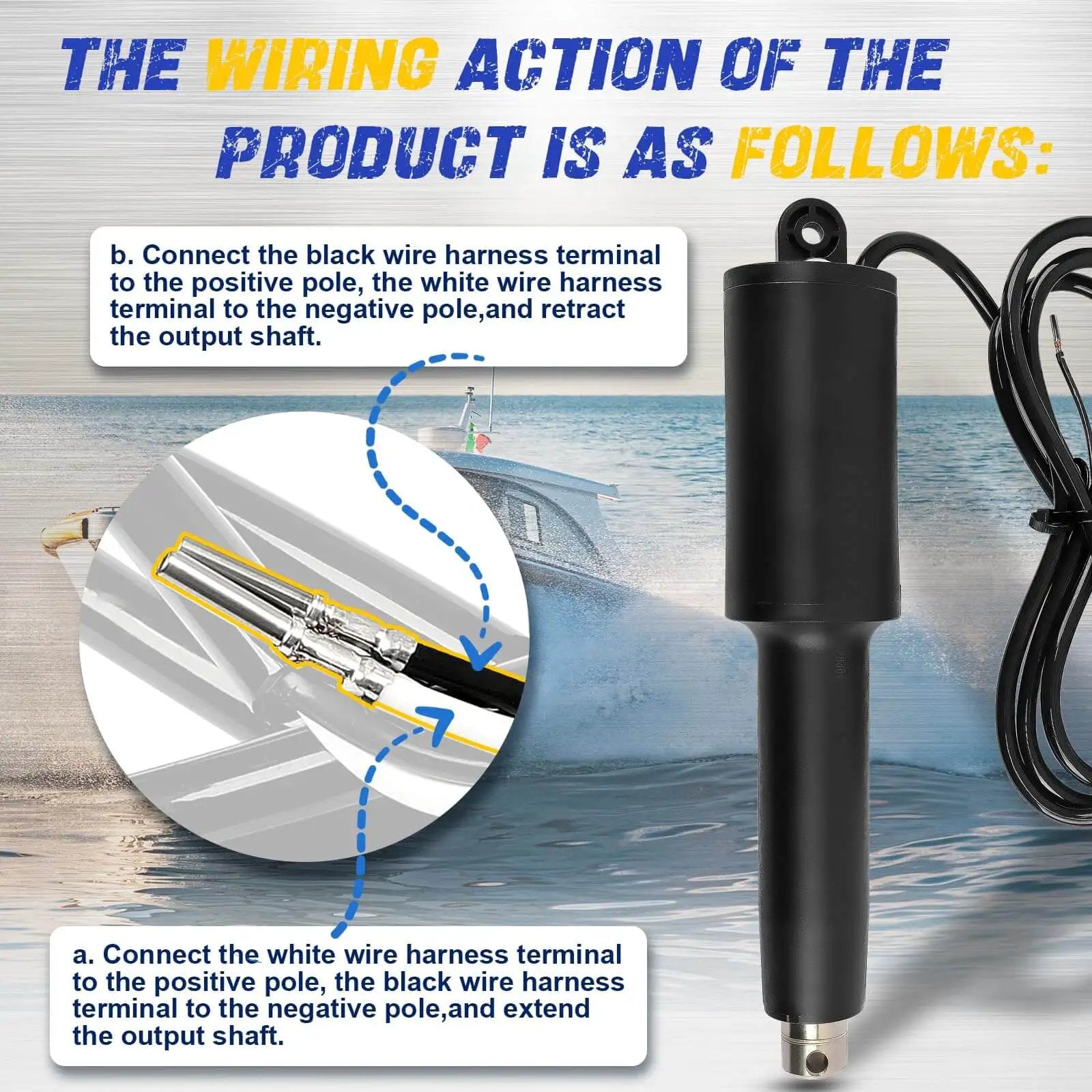 15060 001 Trim Tab Actuator 12V with wiring instructions, six-foot cable, and waterproof connections on a boating backdrop
