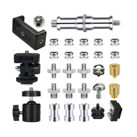 30 Pack Tripod Screw Mount Kit With 1/4 Inch To 3/8 Inch Threaded Adapters And Quick Release Screws For DSLR Cameras Monopods Flashes Hot Shoe Devices And Camera Accessories Includes Reducer Bushings And Mixed Male And Female Screws For Flexible Setup