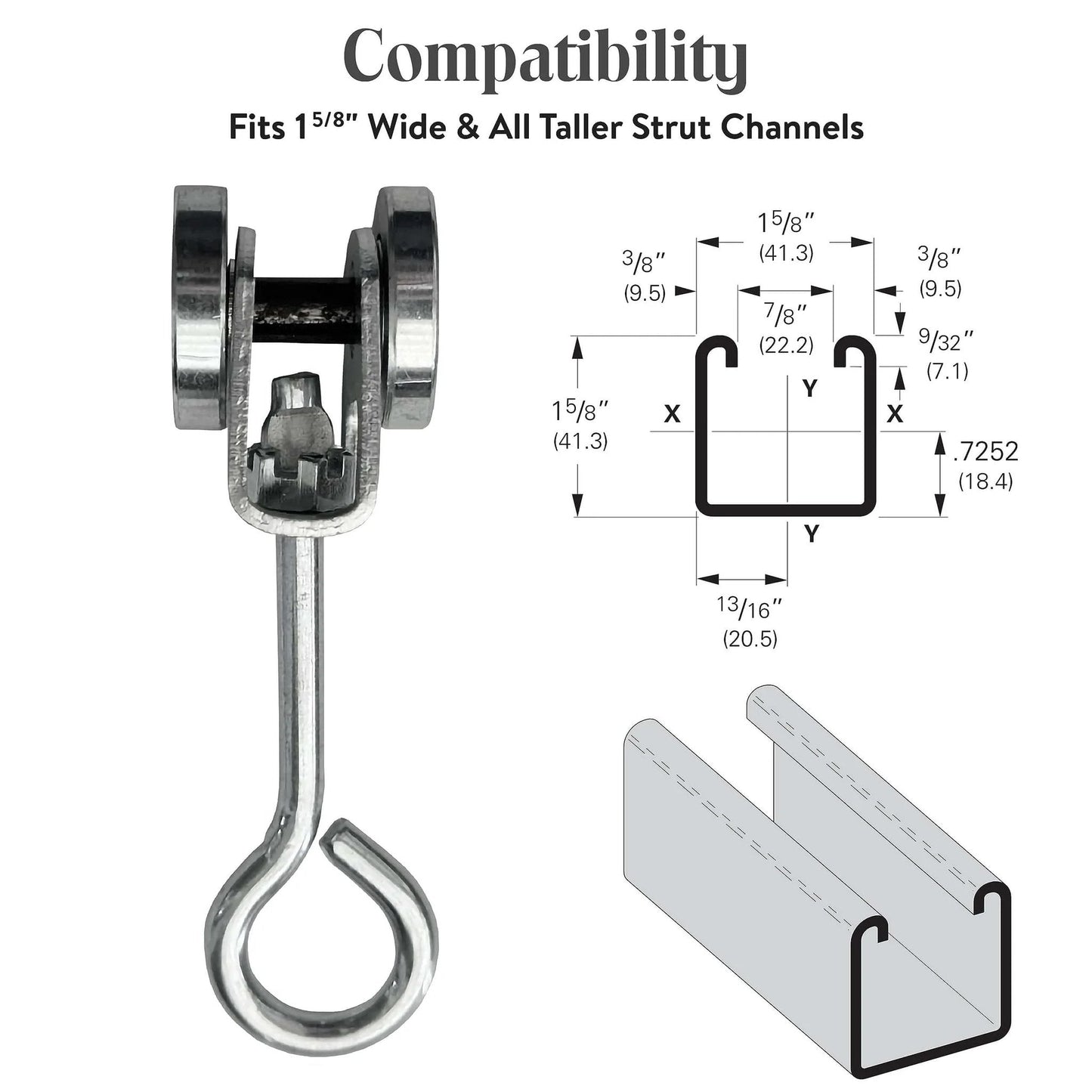 2 Wheels Trolley Assembly Rollers with Eye Hook Loop Silver Electro Galvanized Zinc Finish for 1-5/8 Inch Strut Channels