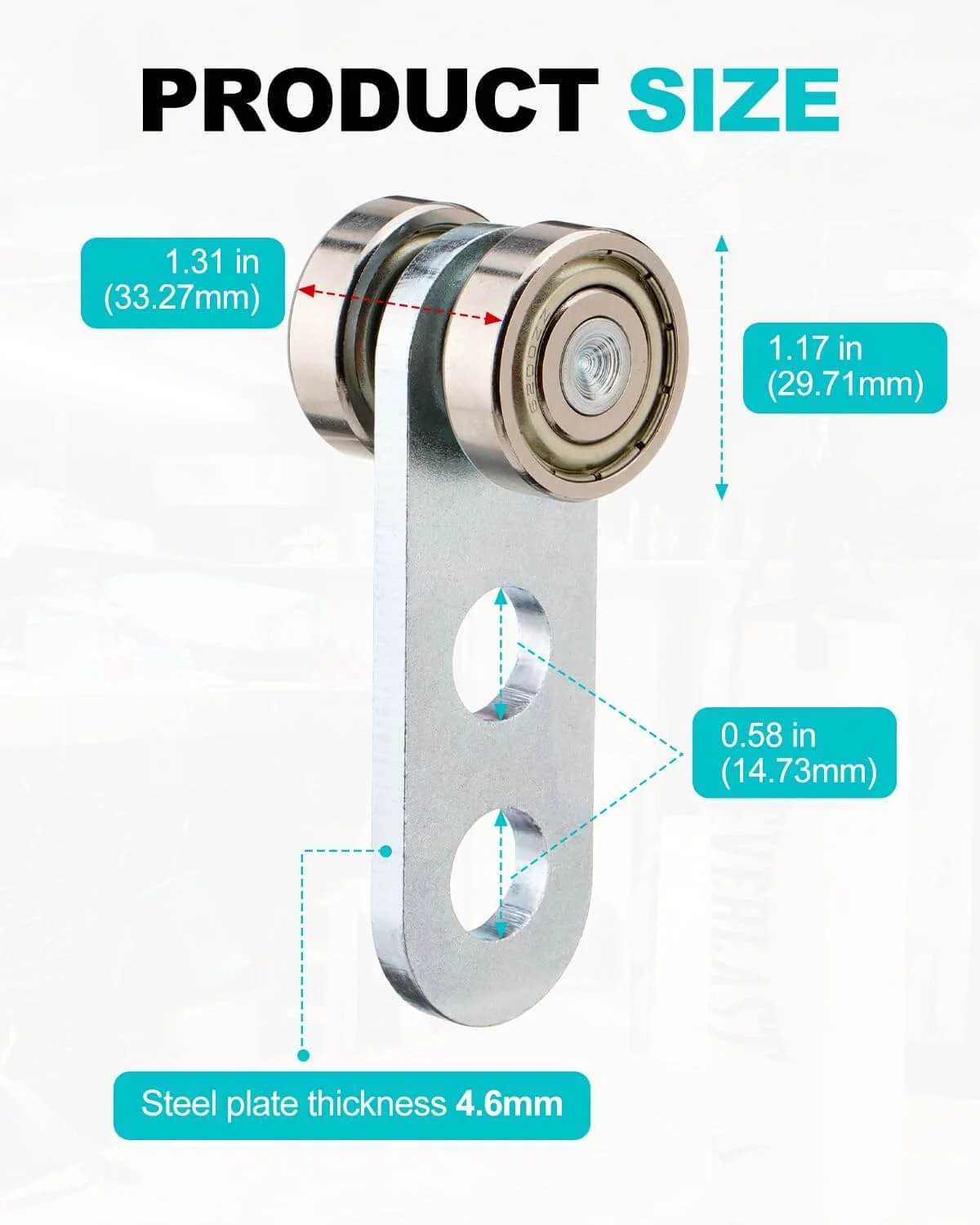 Diagram showing dimensions of 2 Wheel Trolley Assembly Rollers Bearing Design for 1-5/8 Inch Wide and Taller Strut Channels, pack of 12.
