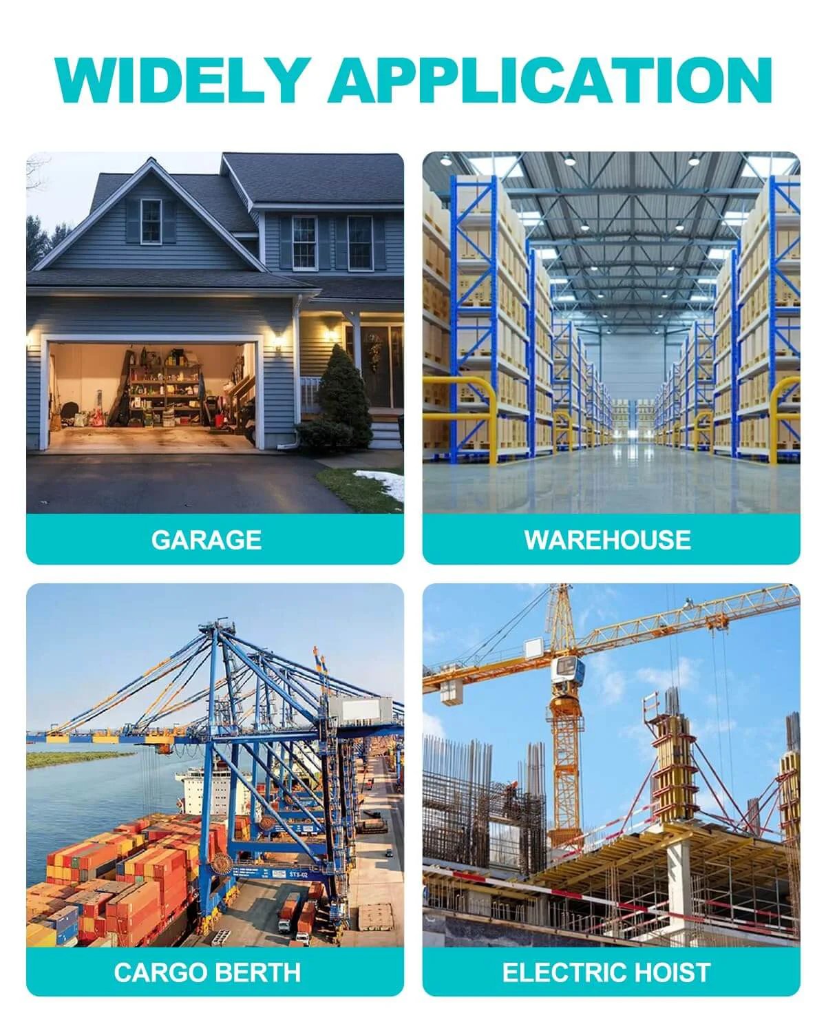 Display of 2 Wheel Trolley Assembly Rollers applications in garage, warehouse, cargo berth, and electric hoist settings.