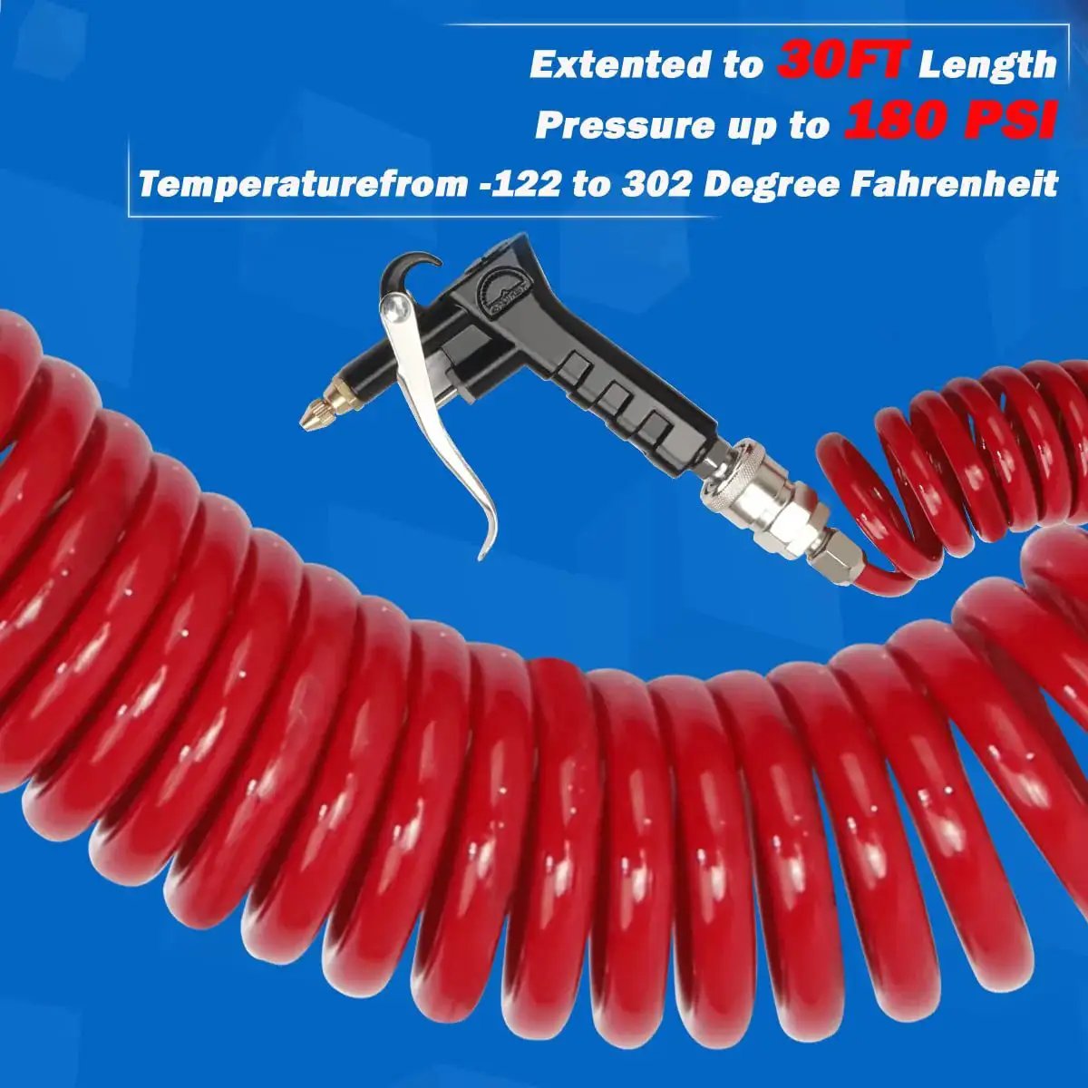 Heavy duty truck air duster blow gun kit with a 9 meter coil delivers powerful bursts up to 120 PSI and includes two interchangeable nozzle tips for precise cleaning, easily clearing debris from cab to sleeper for faster maintenance. Image shows a red coiled hose with a blow gun attached.
