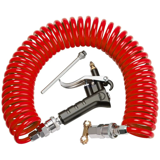 Heavy duty truck air duster blow gun kit with a 9 meter coil delivers powerful bursts up to 120 PSI, includes two nozzle tips