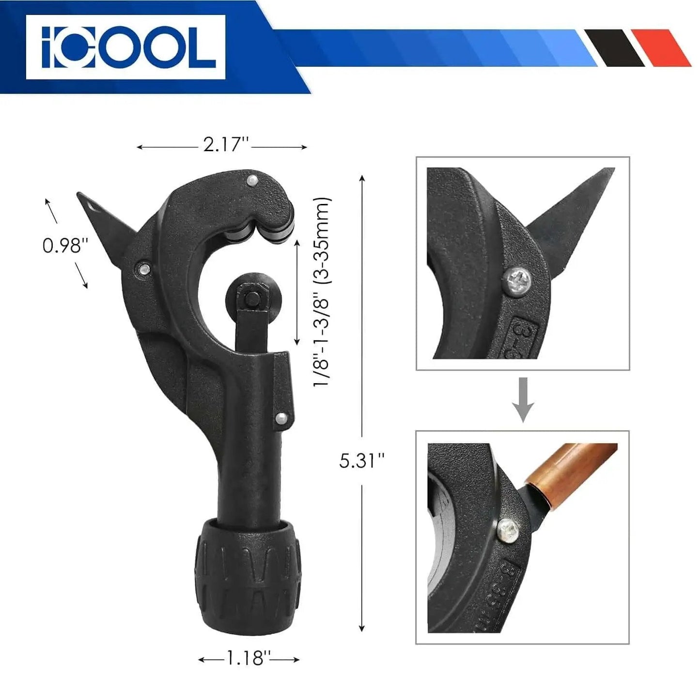 Heavy Duty Tube Cutter For Copper Brass Aluminum And PVC Pipes From One Eighth To One And Three Eighths Inch Range Matte Finish Includes Spare Blade And Reamer For Deburring Thin Stainless Steel Tubes, product dimensions displayed.