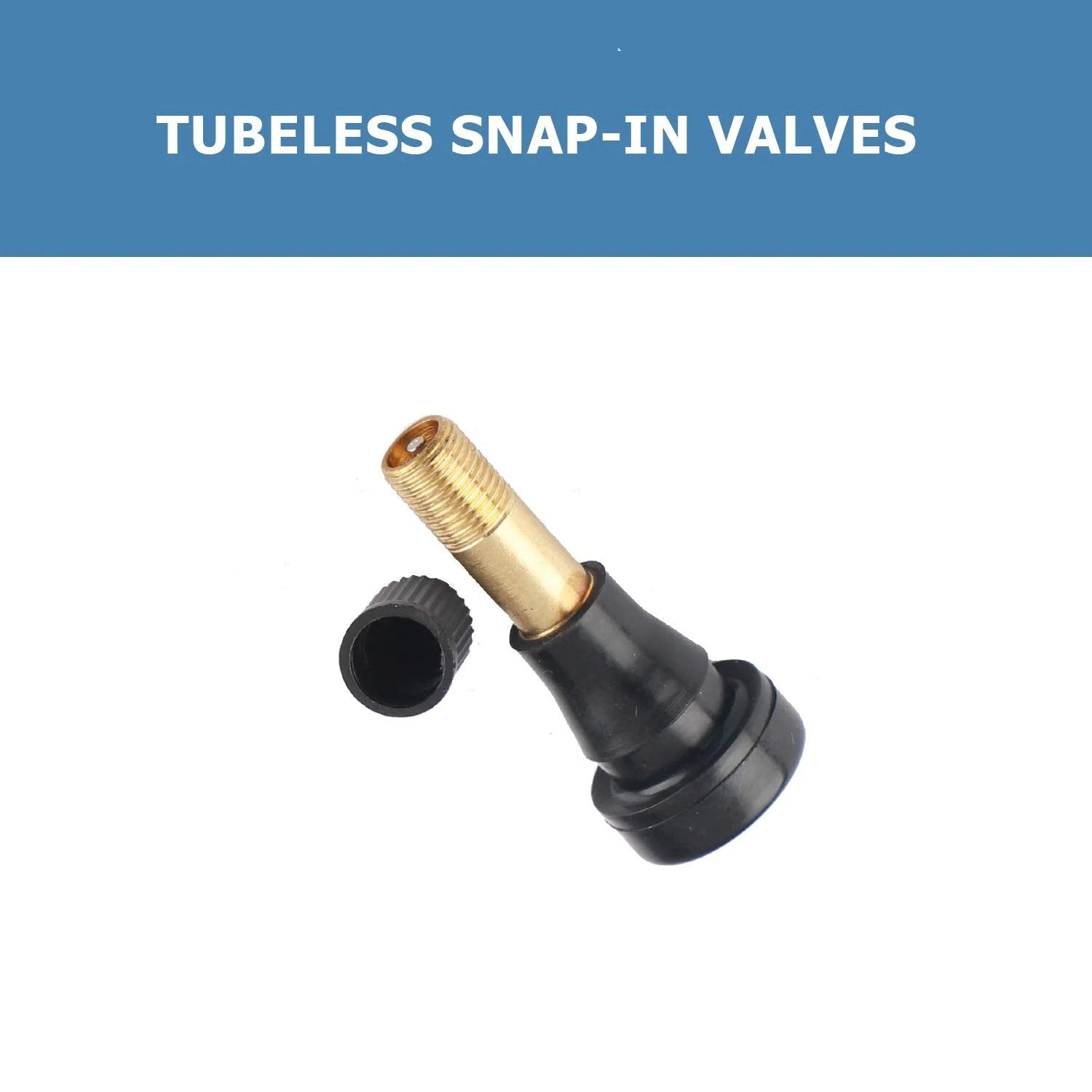 TR600HP High Pressure Brass Tire Valve Stems Pack For Tubeless Systems Snap In Valves, showing a black snap-in valve and cap.
