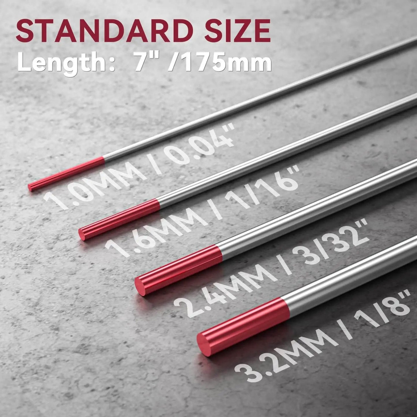 Red 3 32nd Inch TIG Tungsten Electrodes 7 Inch 10 Pack WT20 EWth 2 For TIG Welding AWS A5 12M EN 26848 Compliance
