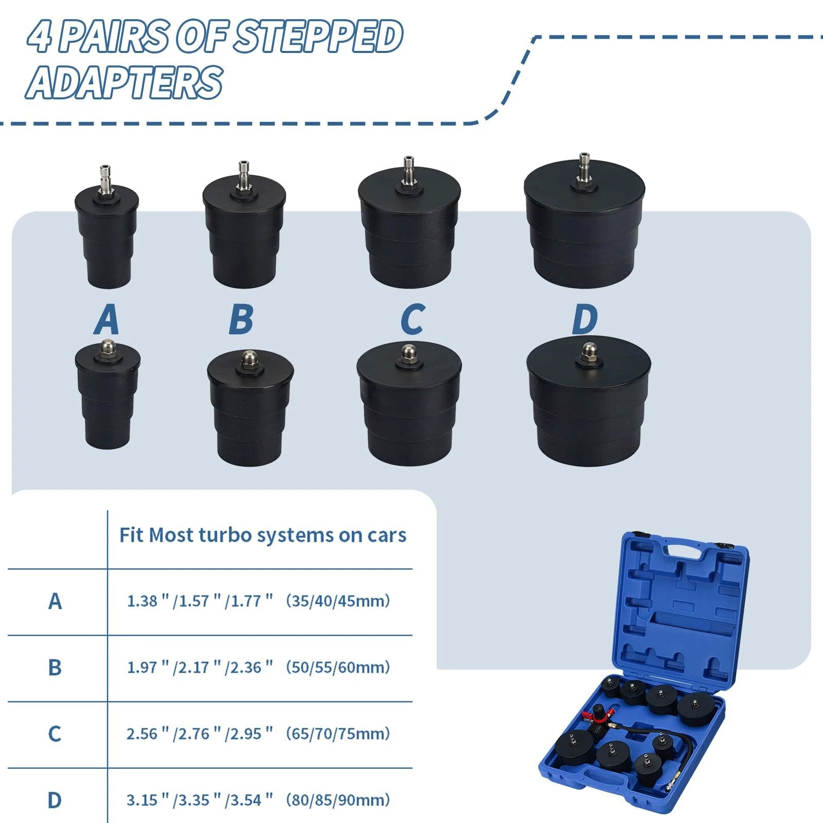 4 pairs of stepped adapters for Turbo System Leakage Tester Kit, compatible with cars and light trucks for leak detection.