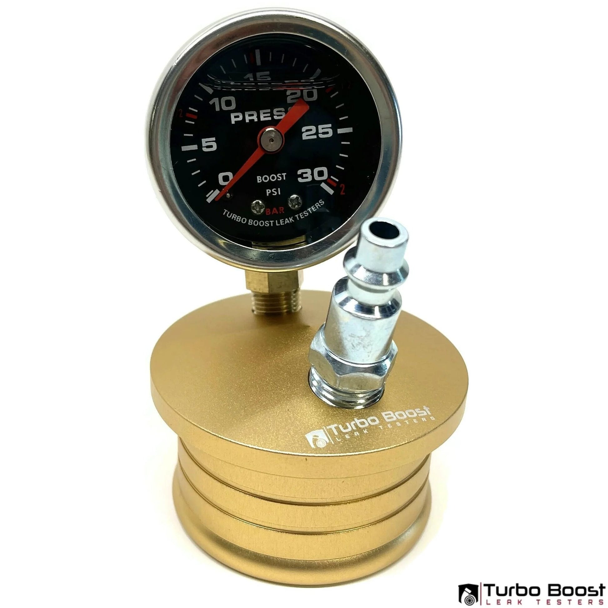 Turbo Boost Leak Tester Kit For 3 Inch Turbo Or Intake Pipe Universal Test Kit Up To 30 PSI with gauge in gold finish.