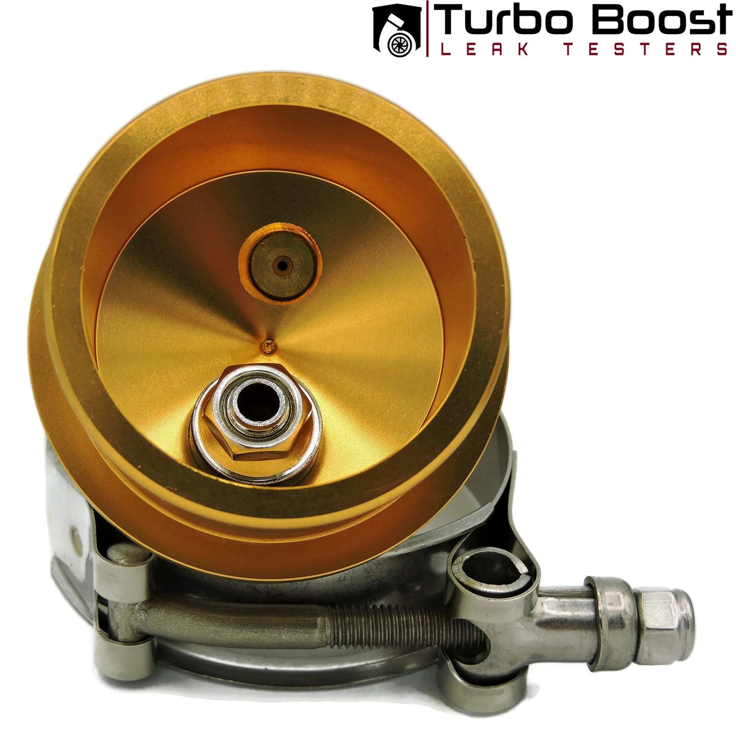 Universal Turbo Boost Leak Tester Kit for Intake Charge Pipes with Pressure Test Fitting, close-up view of gold CNC end cap.