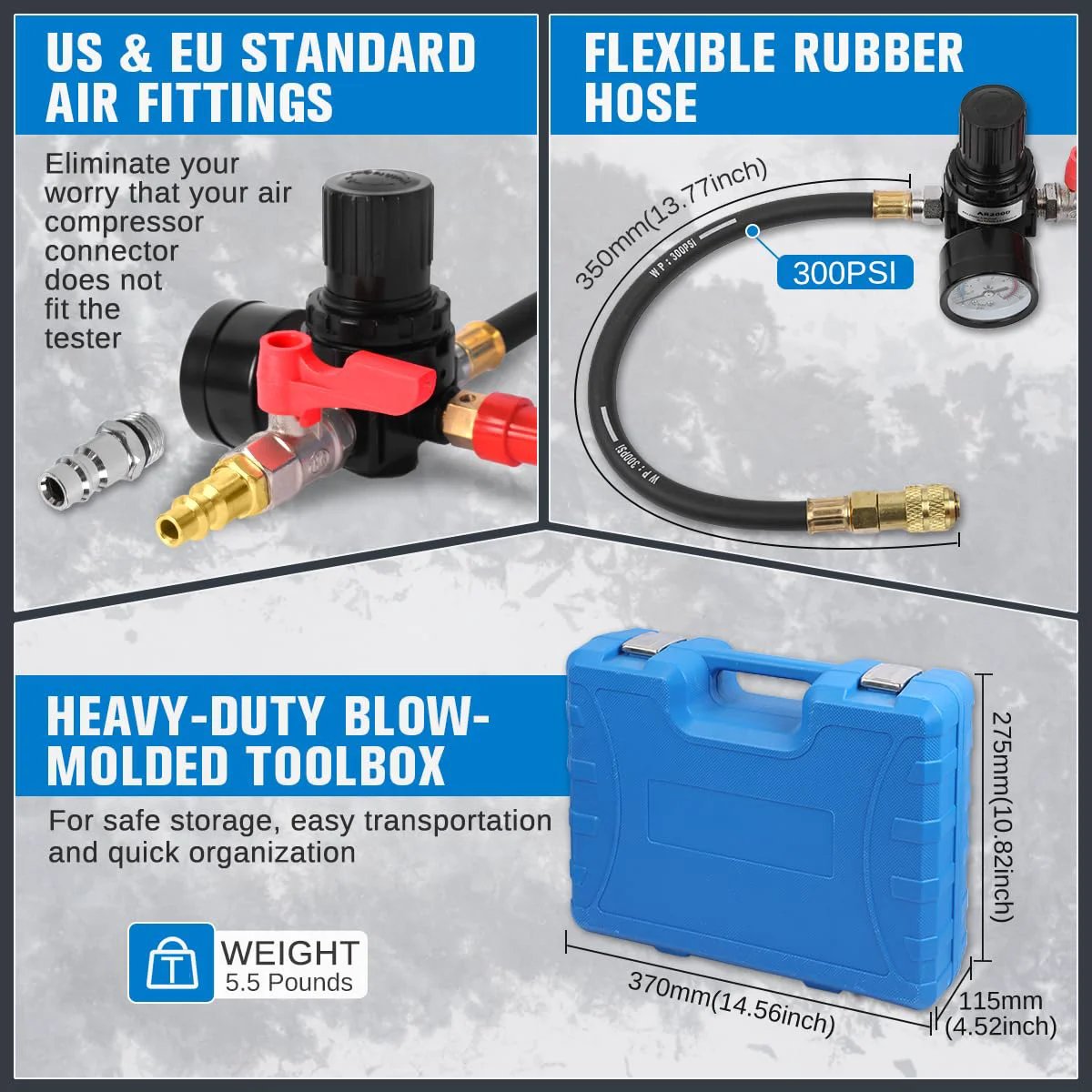 Turbo Boost Leak Tester Kit For Cars And Light Trucks, featuring air fittings, rubber hose, and toolbox for easy storage.