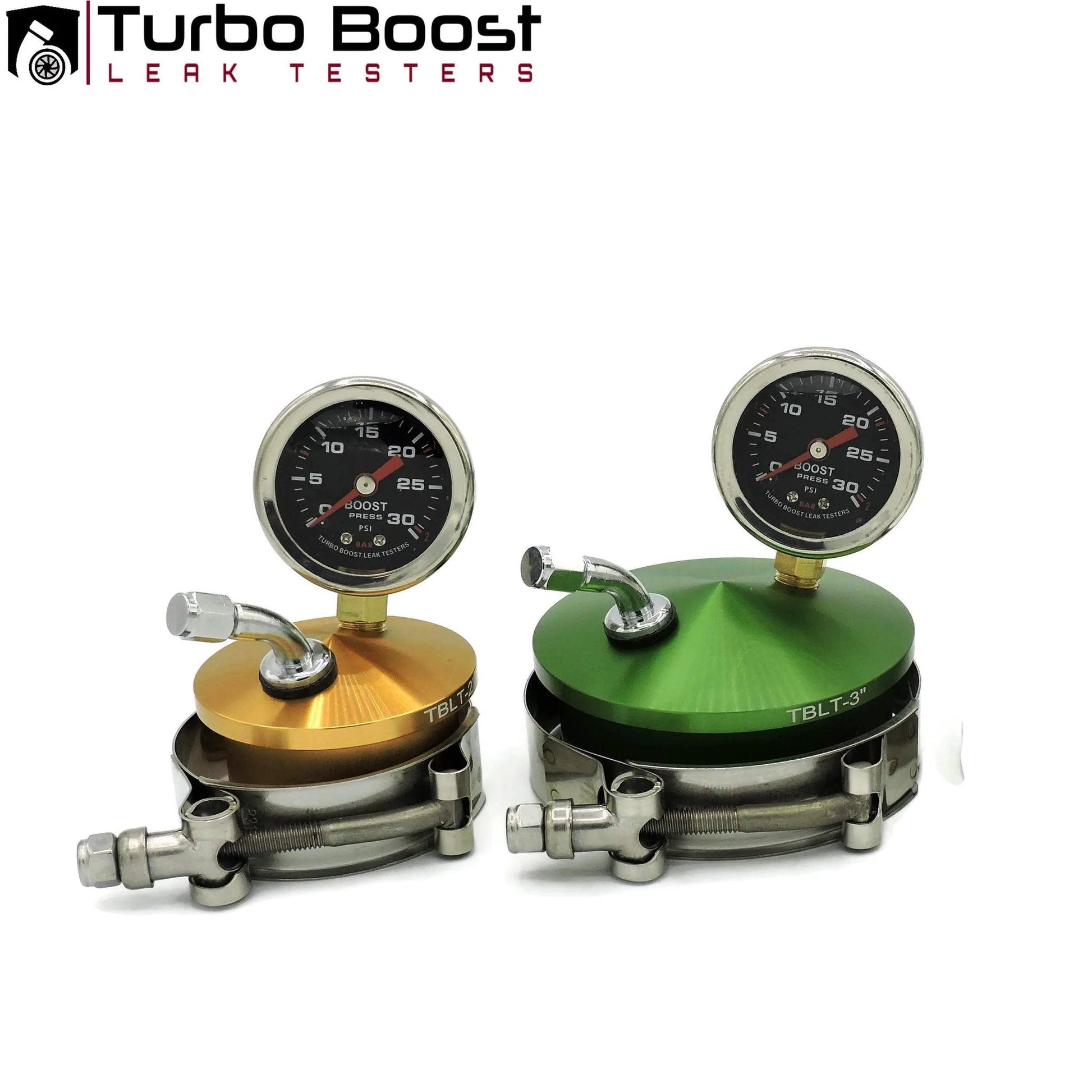 Universal Turbo Boost Leak Tester Kit For Intake Charge Pipes With Pressure Test Fittings, green and orange gauges.