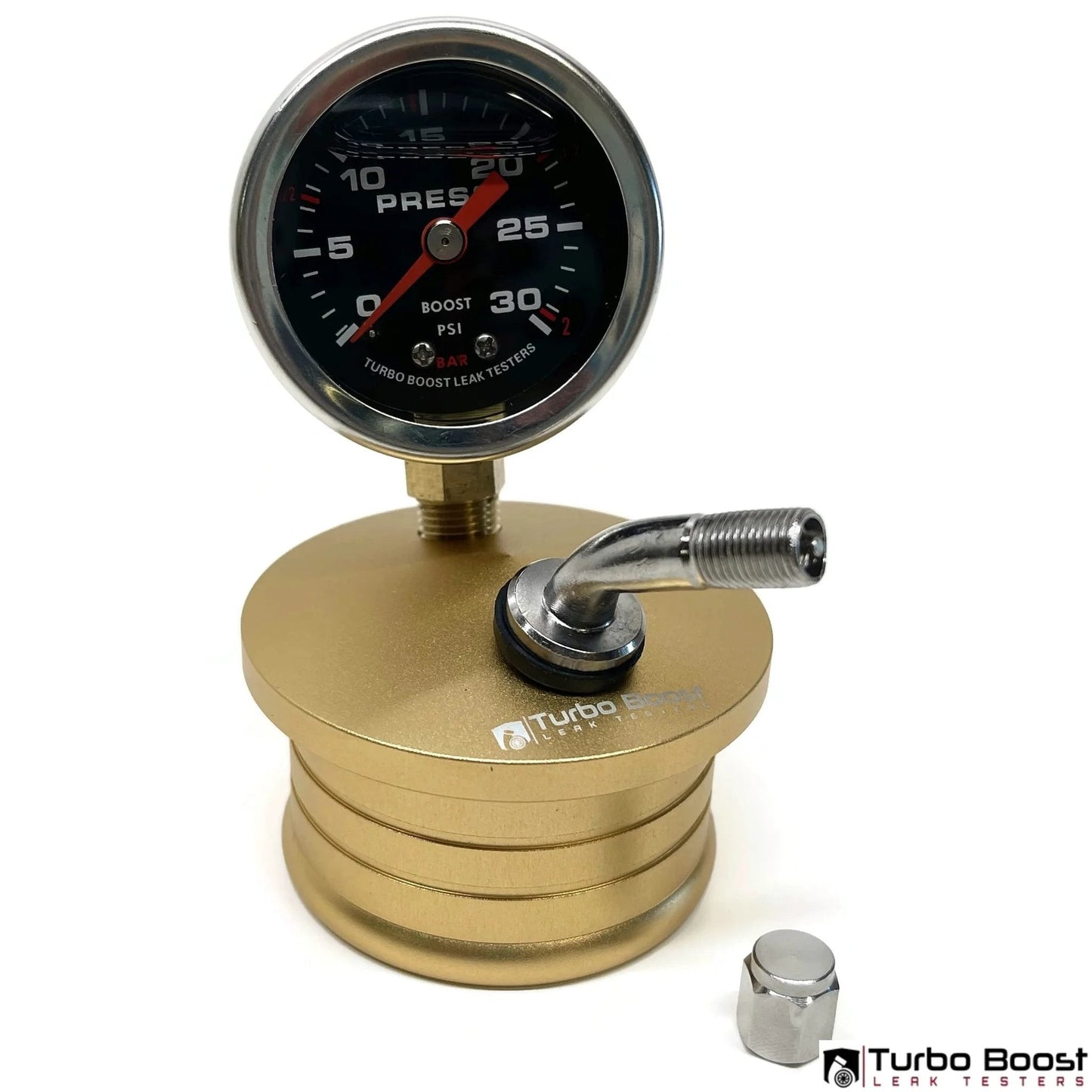 Turbo Boost Leak Tester Kit For 3 Inch Turbo Or Intake Pipe Universal Test Kit Up To 30 PSI with gold finish and gauge.