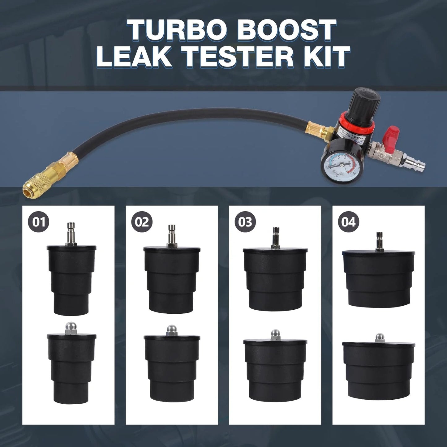 Turbo Boost Leak Tester Kit With Pressure Gauge 10 Piece Turbo System Leakage Tester Set Includes Four Pairs Of Stepped Adapters Ranging From 1.38 To 3.54 Inches, showing pressure gauge and four stepped adapters.