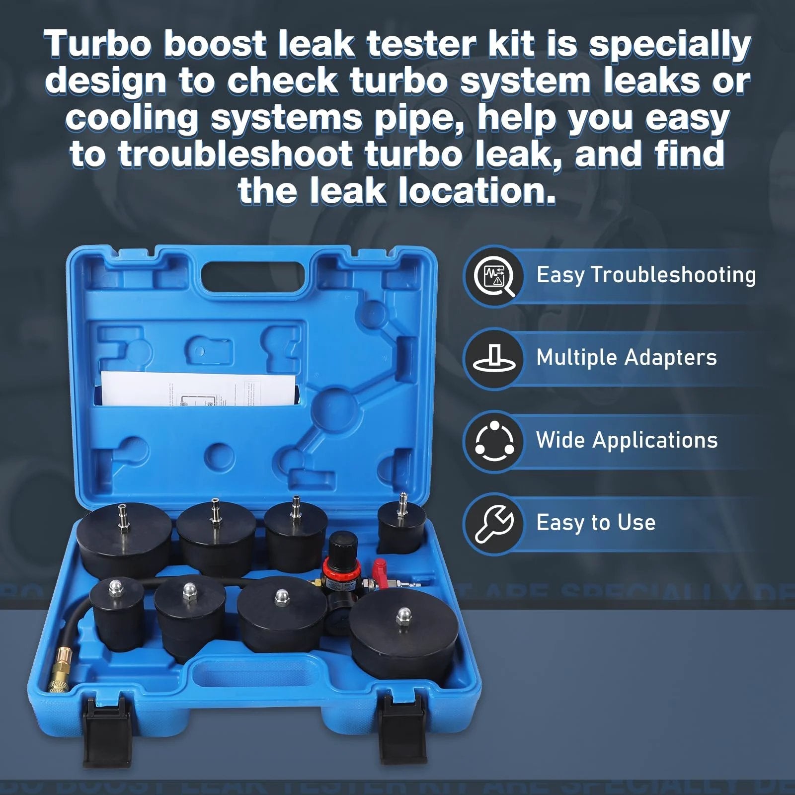 Turbo Boost Leak Tester Kit With Pressure Gauge 10 Piece Turbo System Leakage Tester Set Includes Four Pairs Of Stepped Adapters Ranging From 1.38 To 3.54 Inches Easy Troubleshooting For Turbo Lines And Cooling Pipes in blue carrying case.