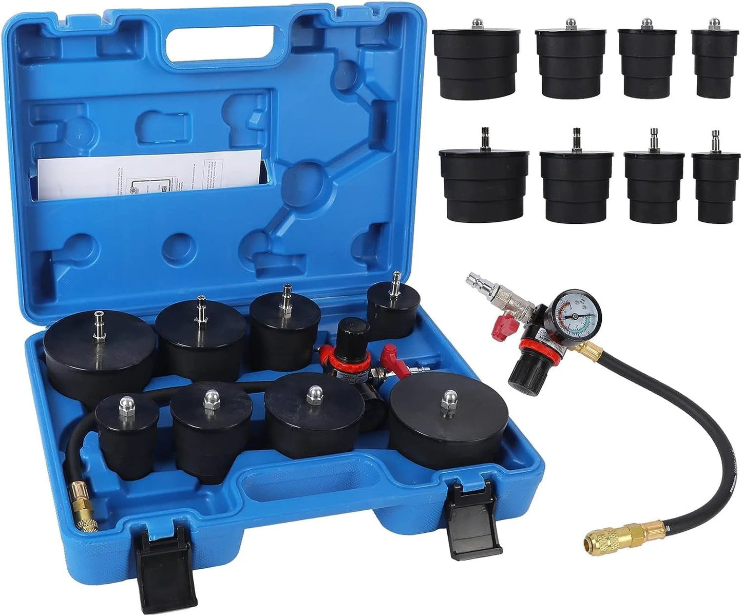 Turbo Boost Leak Tester Kit With Pressure Gauge 10 Piece Turbo System Leakage Tester Set Includes Four Pairs Of Stepped Adapters Ranging From 1.38 To 3.54 Inches in blue carrying case.