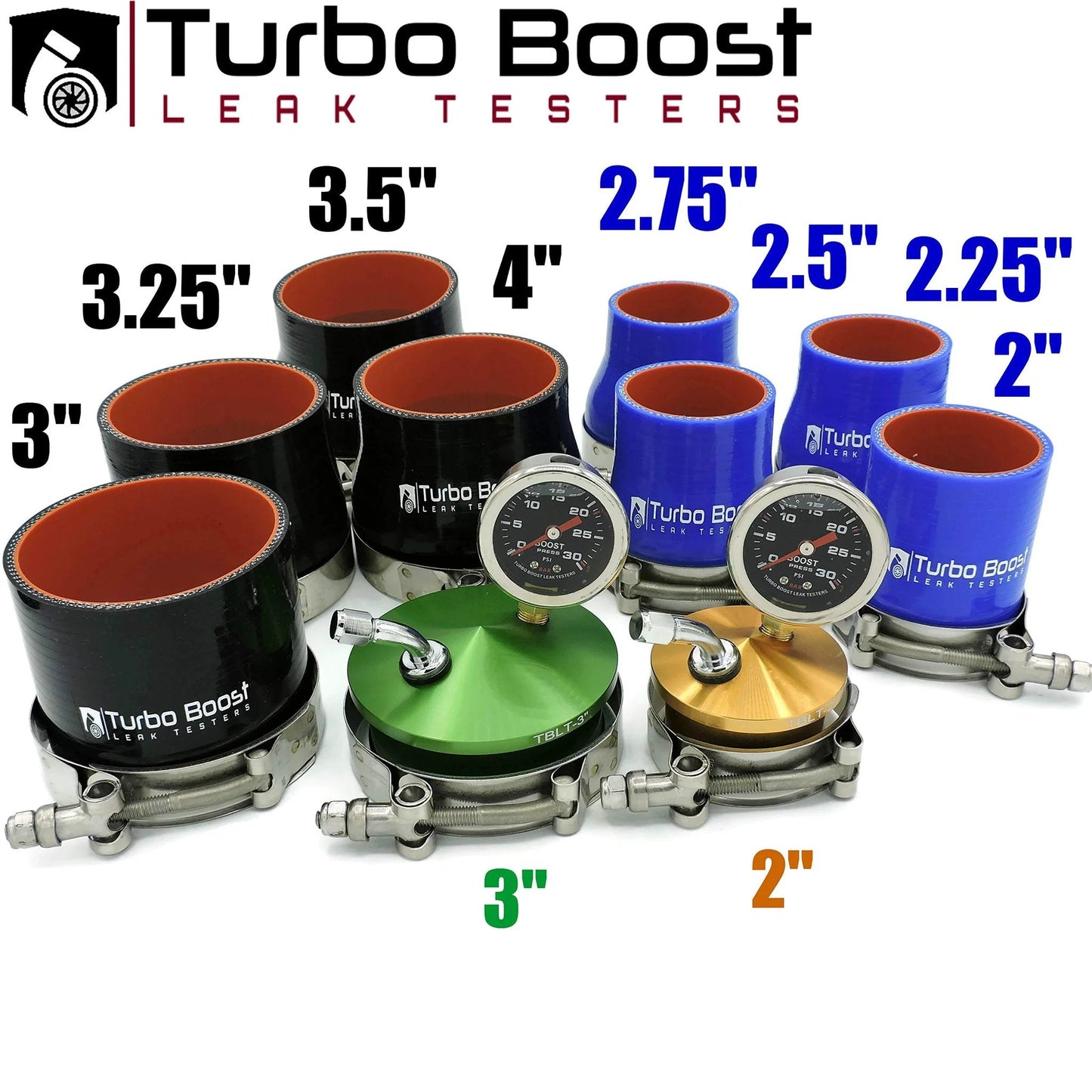 Universal Turbo Boost Leak Tester Kit For Intake Charge Pipes With Pressure Test Fittings; various sizes and fittings displayed.