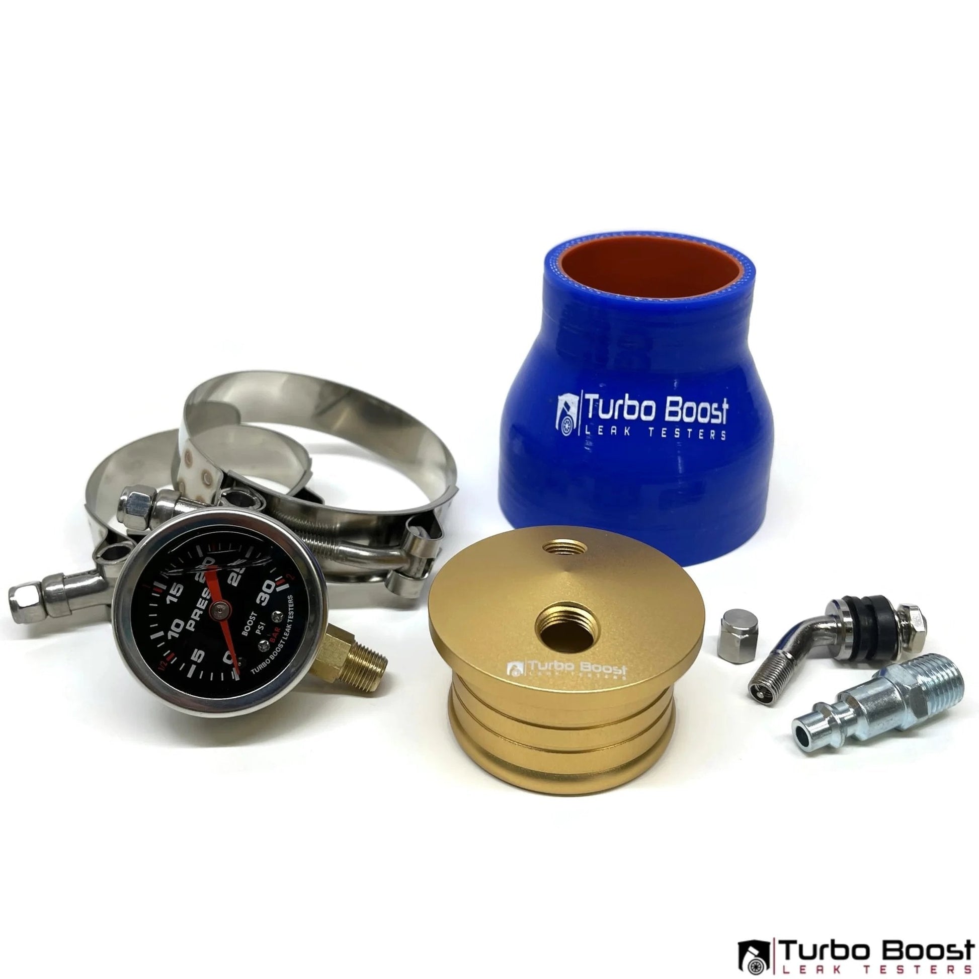 Turbo Boost Leak Tester Kit For 3 Inch Turbo Or Intake Pipe Universal Test Kit Up To 30 PSI, including gauge, coupler, clamps.