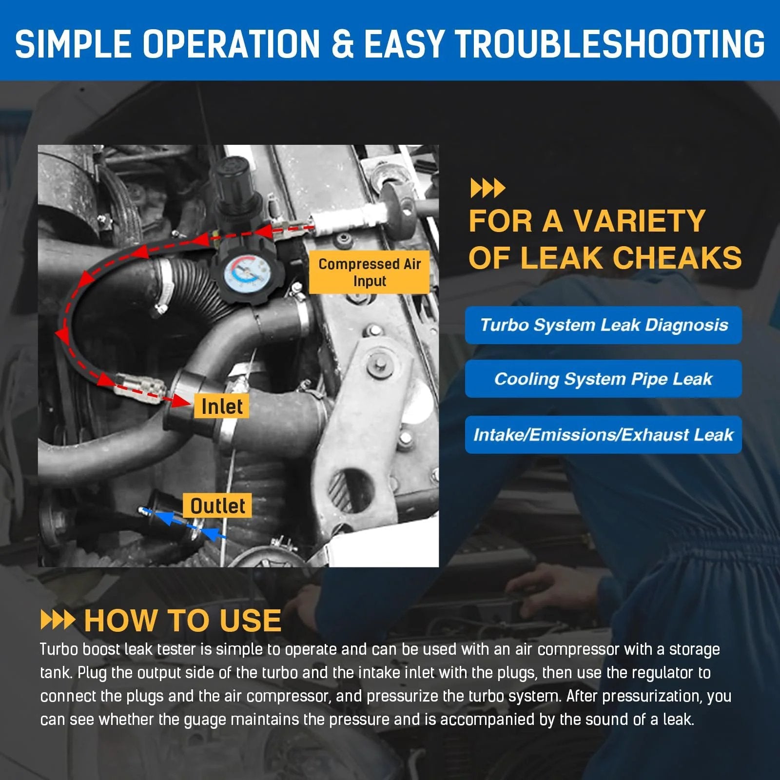Turbo System Boost Leak Tester Kit With Eight Piece Step Adapters For Turbocharger And Intercooler Pressure Testing, Universal Fit For Boost Pipes, Precise Leak Detection For Quick, Reliable Diagnosis And Improved Engine Performance operational setup with compressed air input and connections for testing