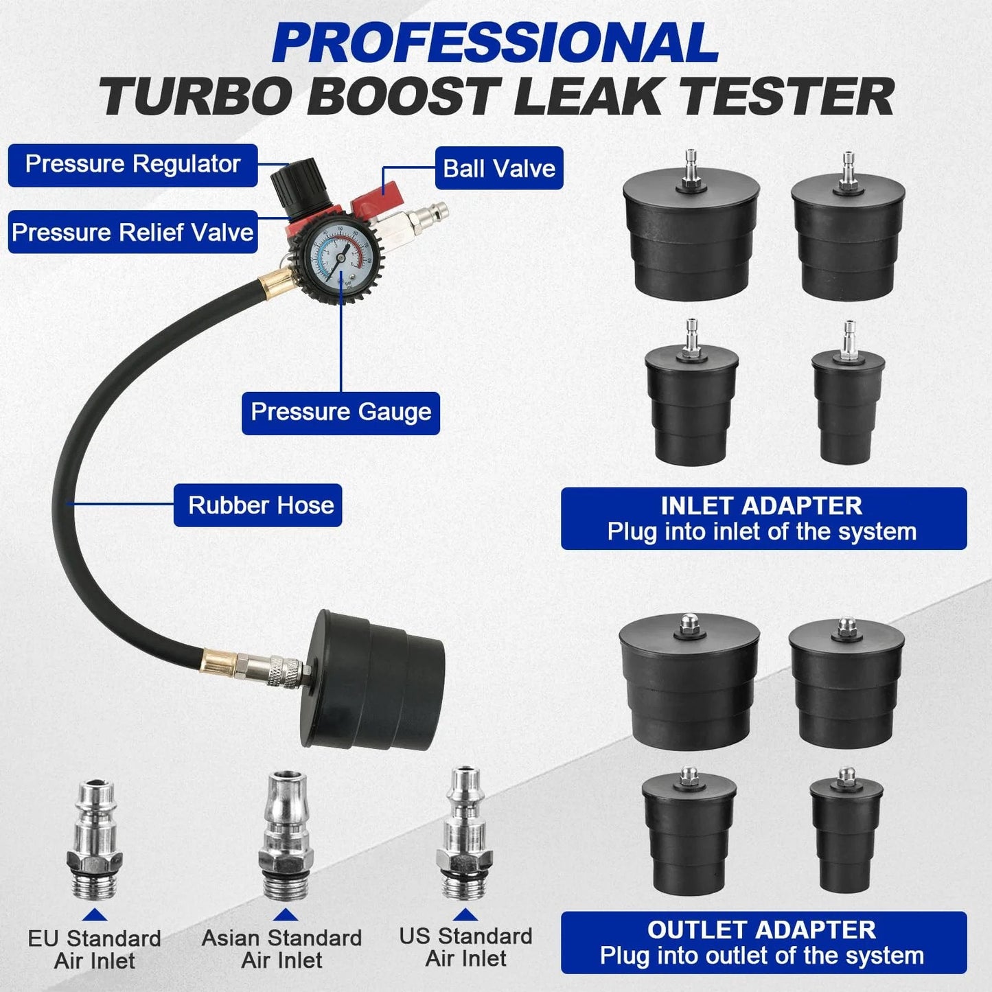 Turbo System Leakage Tester Kit With Four Pairs Of Stepped Adapters From One And Three Eighths Inch To Three And One Half Inch Turbo Boost Leak Tester Set with gauge and adapters.