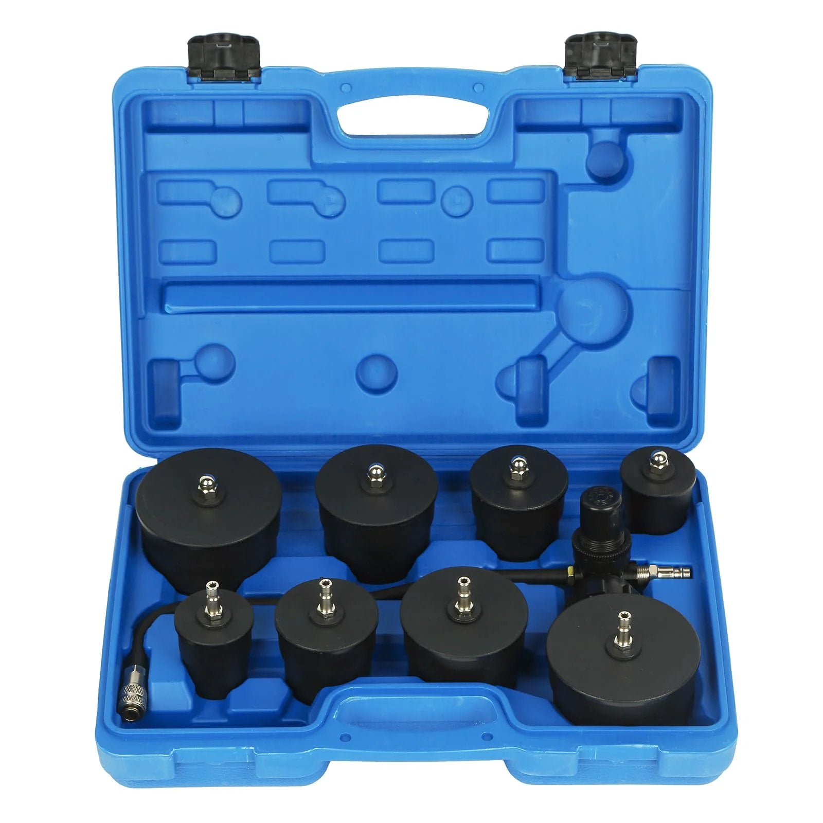 Turbo System Boost Leak Tester Kit With Eight Piece Step Adapters For Turbocharger And Intercooler Pressure Testing, Universal Fit For Boost Pipes, Precise Leak Detection For Quick, Reliable Diagnosis And Improved Engine Performance displayed in a blue case with eight black adapters.