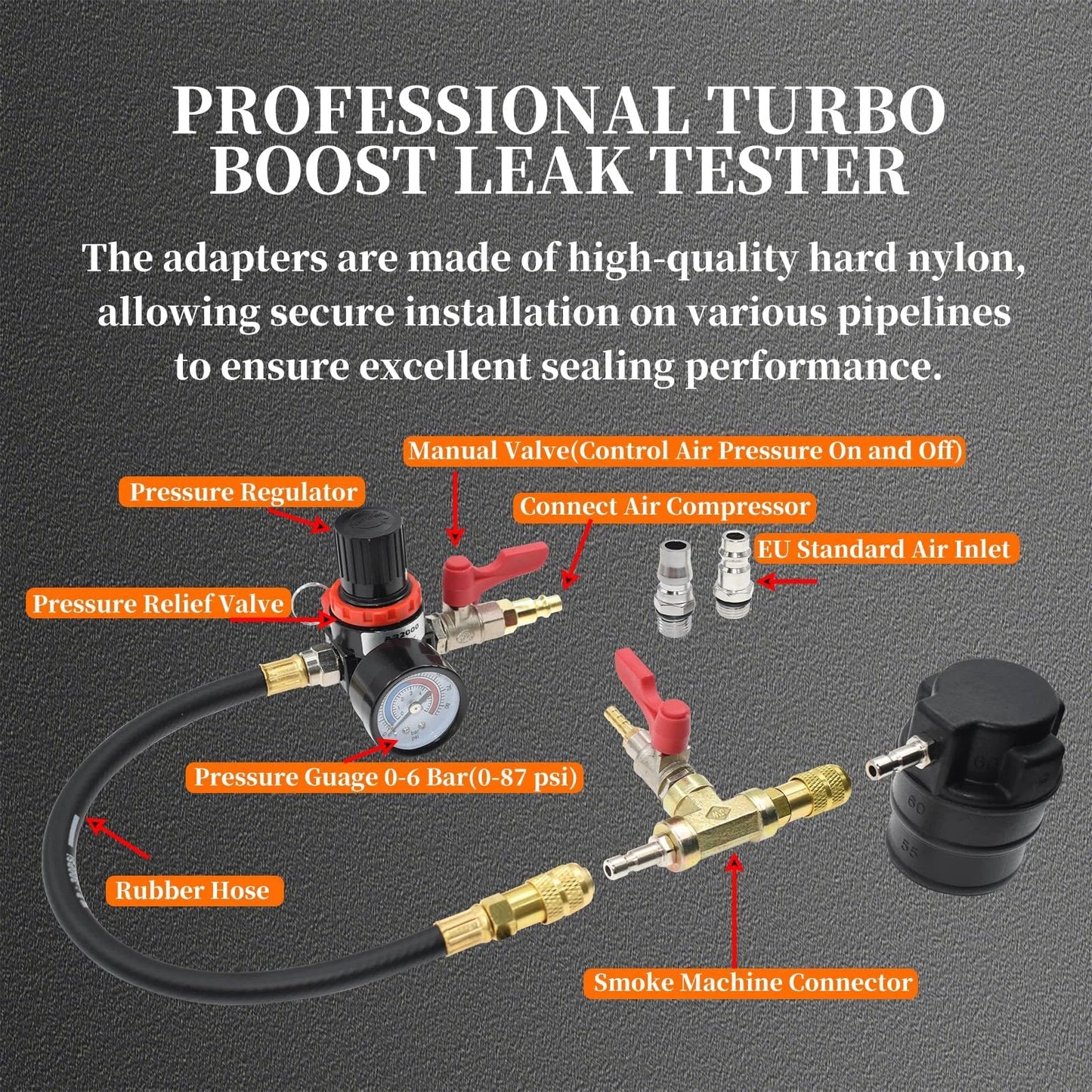Turbo System Leak Tester Kit For Boost Pressure Diagnostics With 19 Piece Set showing pressure regulator, valves, and hoses.