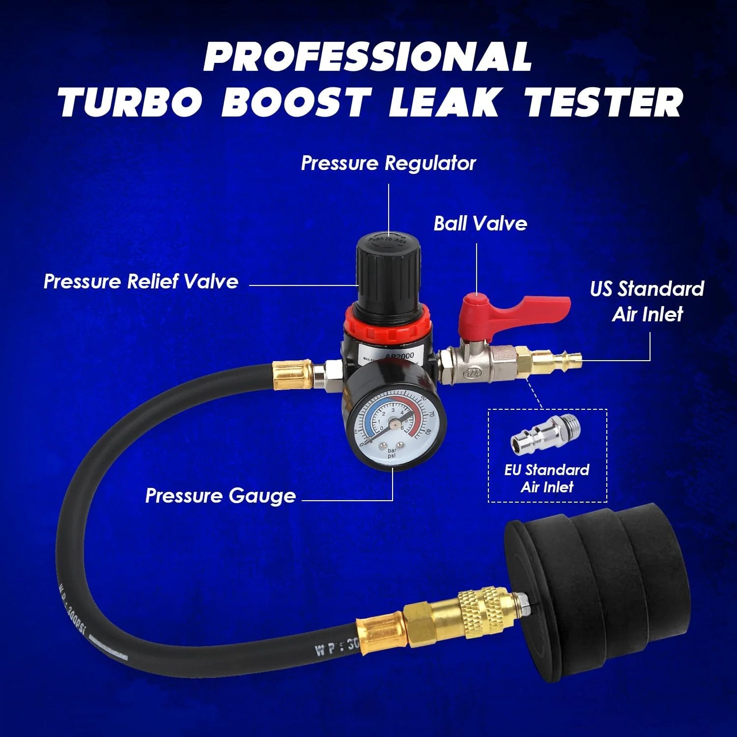 Turbo System Leakage Tester Kit For Turbocharger And Emissions Testing 10 Piece Air Pressure Kit close-up of pressure gauge and valves.