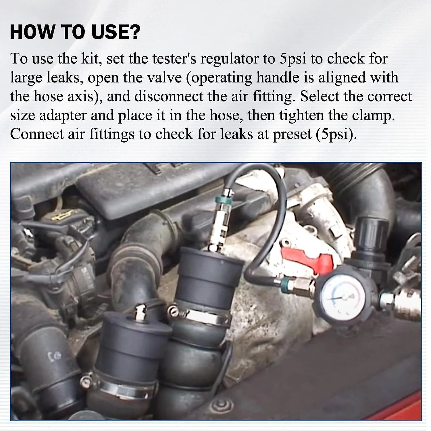 Turbo Boost Leak Tester Kit With Pressure Gauge 10 Piece Turbo System Leakage Tester Set, shown connected to automotive system.