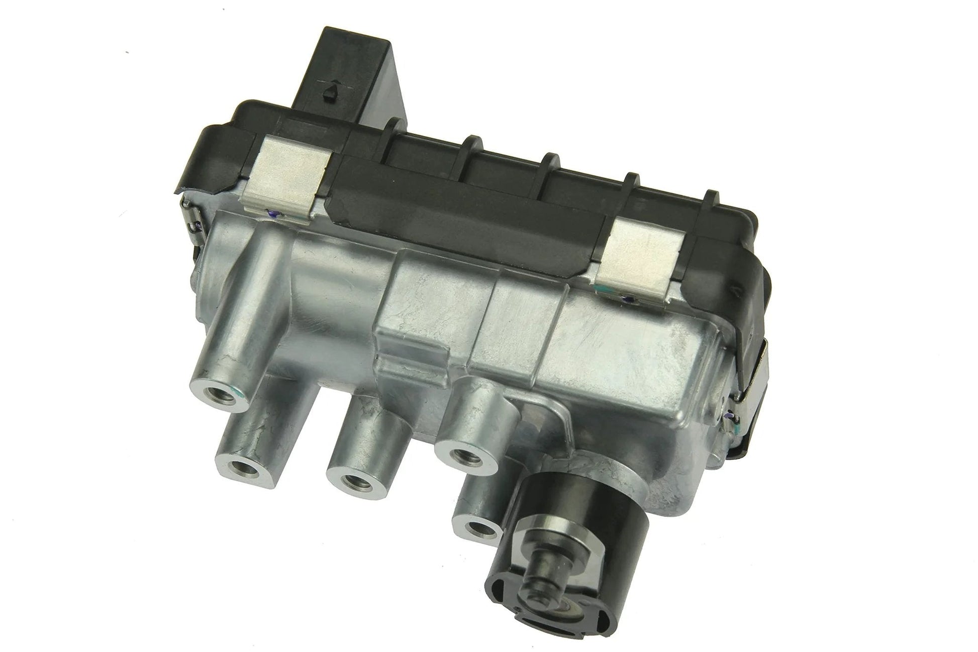 Turbo Electronic Actuator Replacement For Select Audi And VW, silver and black, side view, used for turbo boost control.