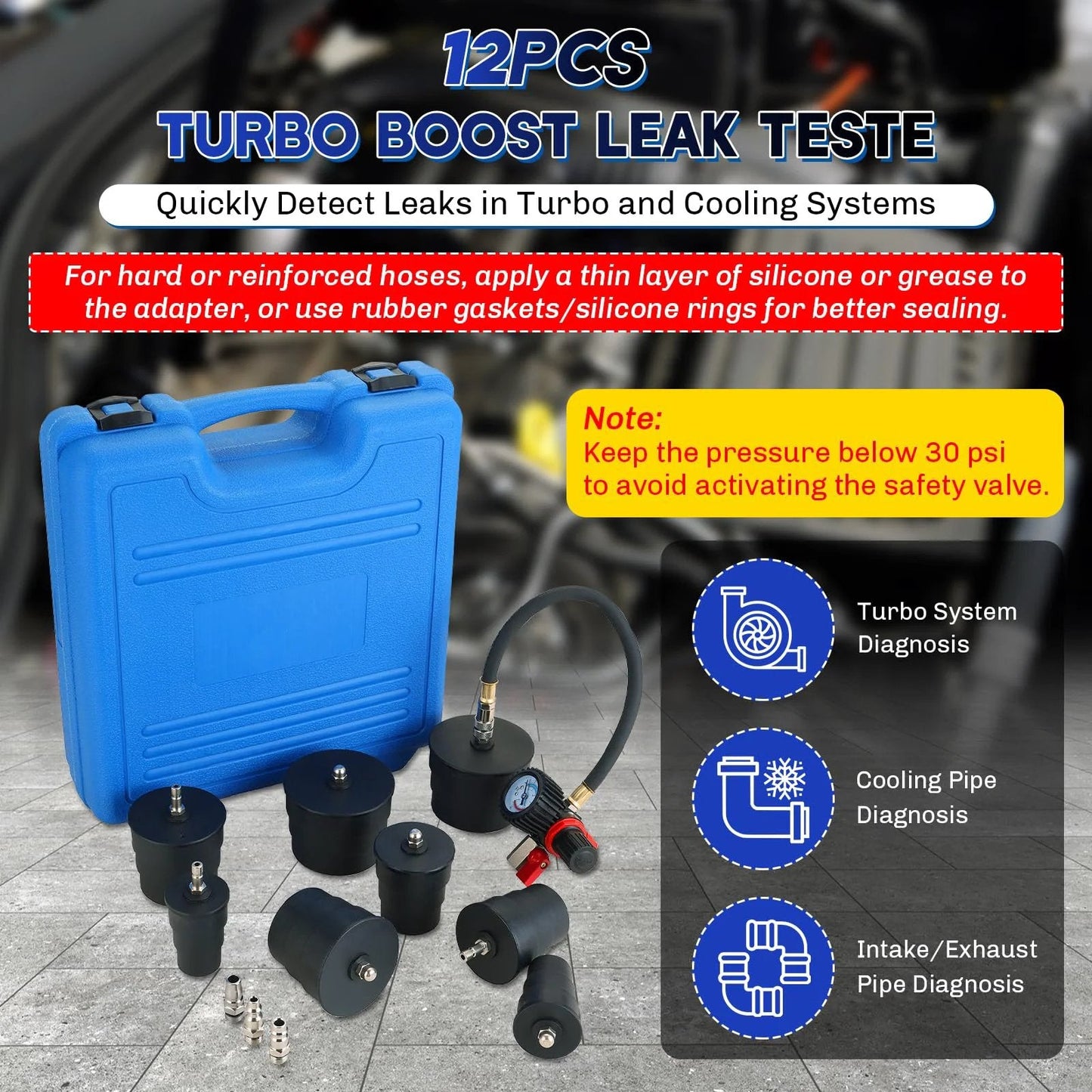 Turbo System Leakage Tester Kit With 12 Piece Set And 4 Pairs Of Stepped Adapters in a blue case for easy installation and leak detection.