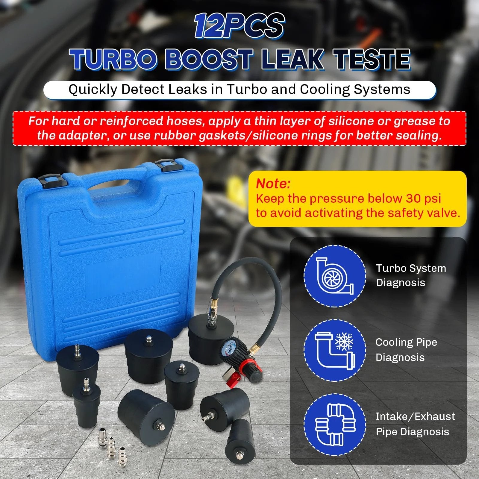 Turbo System Leakage Tester Kit With 12 Piece Set And 4 Pairs Of Stepped Adapters in a blue case for easy installation and leak detection.