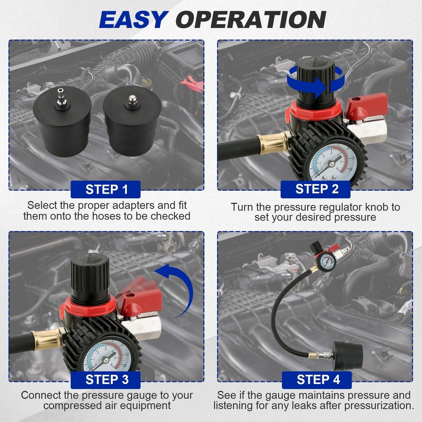 Turbo System Leakage Tester Kit With Four Pairs Of Stepped Adapters From One And Three Eighths Inch To Three And One Half Inch Turbo Boost Leak Tester Set instruction steps for operation.