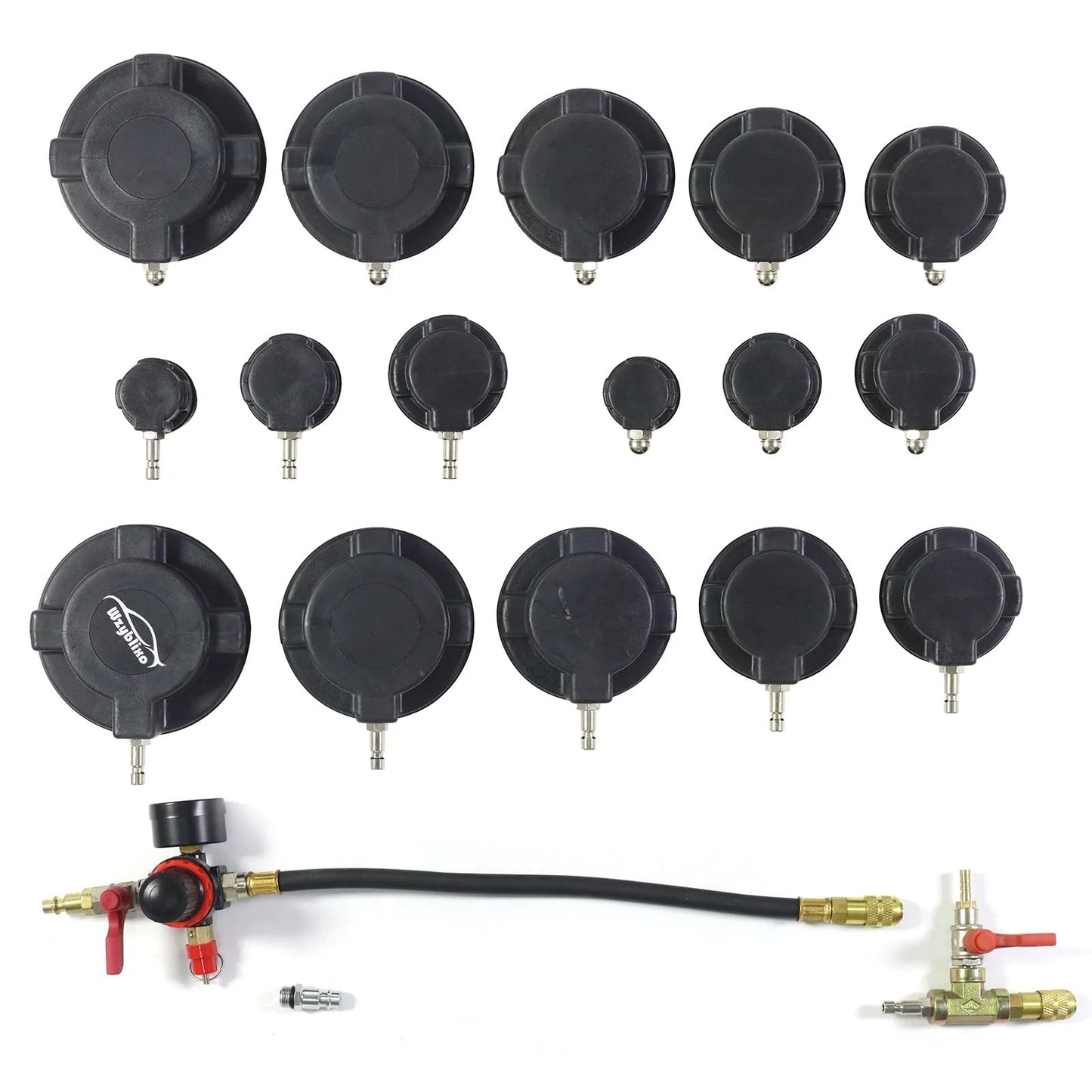 Turbo System Leakage Tester Kit For Cars And Trucks, 19-Piece Turbo Boost Leak Tester Set With Stepped Adapters and hose.