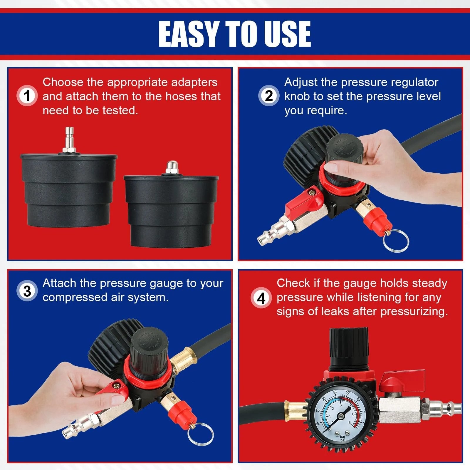 Instructions for Turbo Boost Leak Tester Kit For Turbo Emissions Cooling And Exhaust Systems With Four Stepped Adapters From One And Three Eighths Inch To Three And A Half Inch And Ten Piece Pro Set.