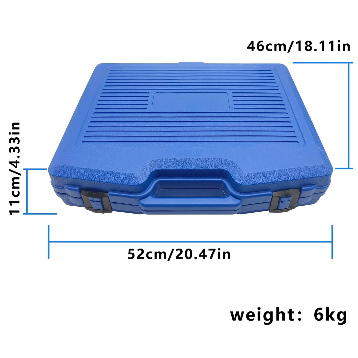 Pro Grade Turbo Leak Tester Kit For Boost Systems And Emissions, 19-Piece Set From ZKTOOL blue case, dimensions shown.
