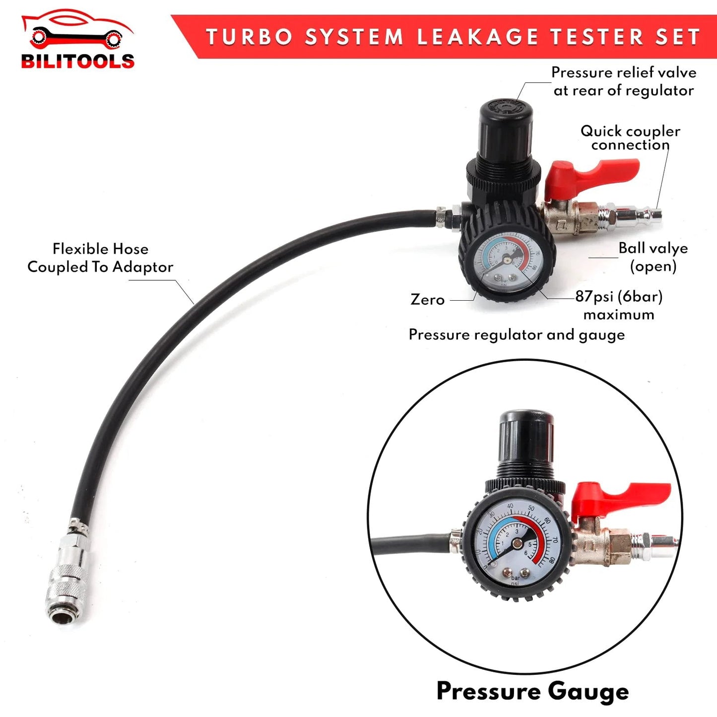 9 Piece Turbo System Leakage Tester Kit For Turbochargers And Lines Low Pressure Air Leak Detector with pressure gauge and regulator.