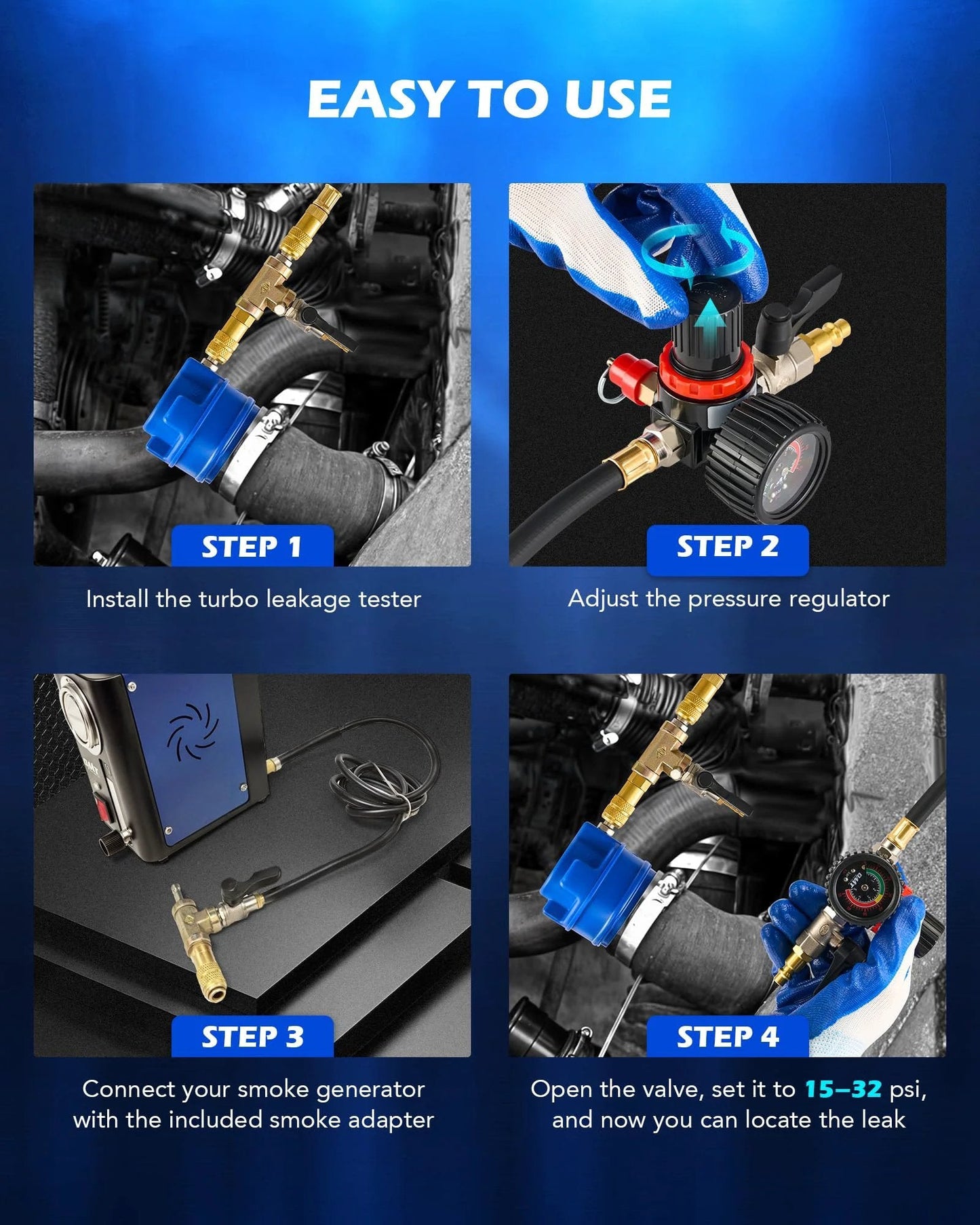Turbo Boost Leak Tester Kit For Turbocharger Systems With Smoke Adapter And 6 Stepped Adapters From 1.2 To 3.5 Inches To Diagnose Leaks In Cooling Emission And Exhaust Lines Orion Motor Tech installation steps.