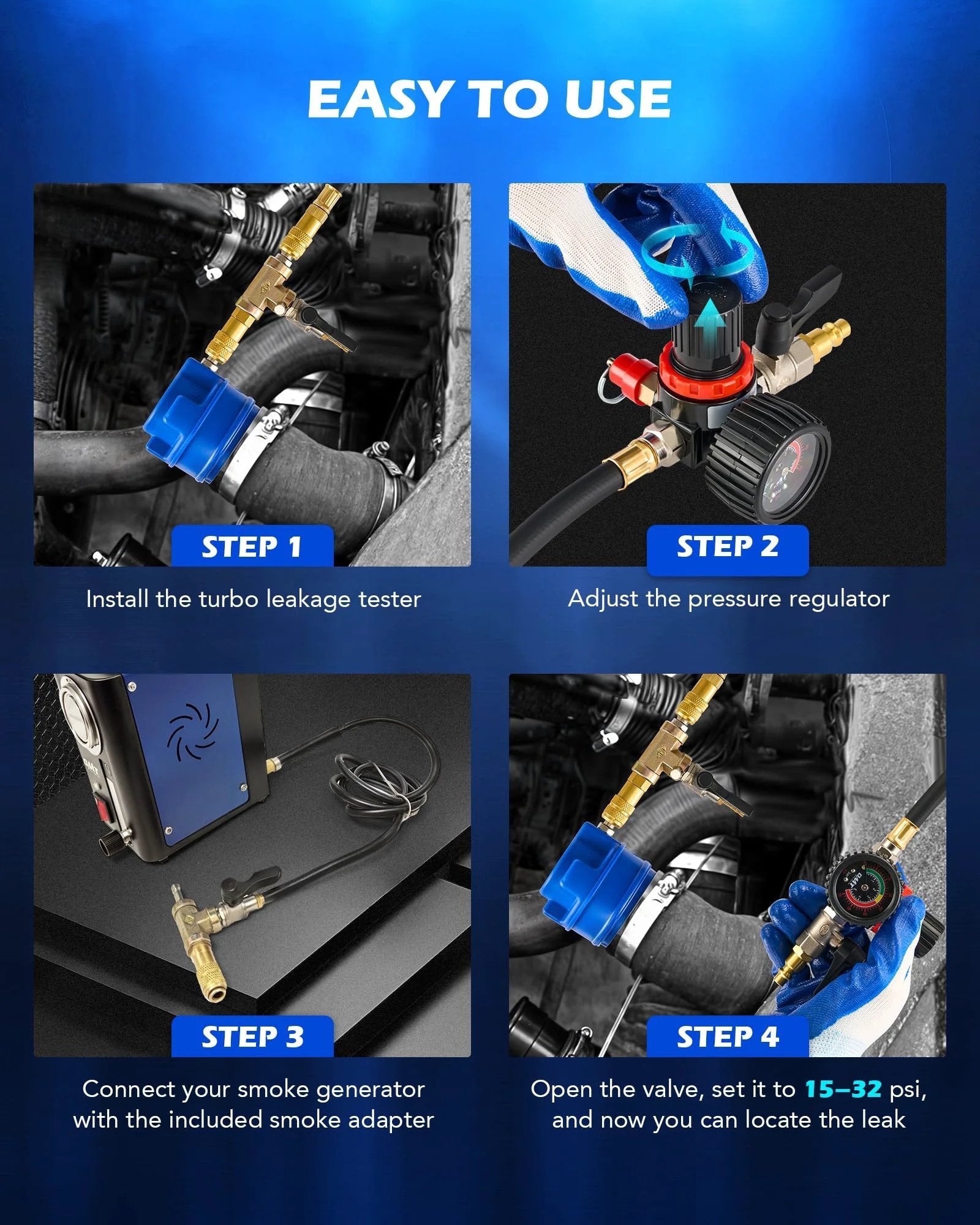 Turbo Boost Leak Tester Kit For Turbocharger Systems With Smoke Adapter And 6 Stepped Adapters From 1.2 To 3.5 Inches To Diagnose Leaks In Cooling Emission And Exhaust Lines Orion Motor Tech installation steps.