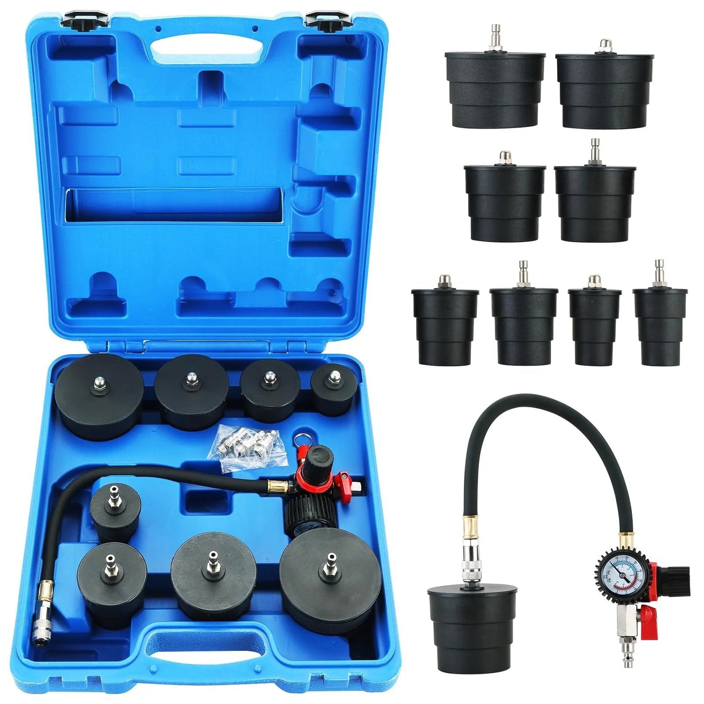 Turbo Boost Leak Tester Kit For Turbo Emissions Cooling And Exhaust Systems With Four Stepped Adapters From One And Three Eighths Inch To Three And A Half Inch And Ten Piece Pro Set, displaying tools in blue case.