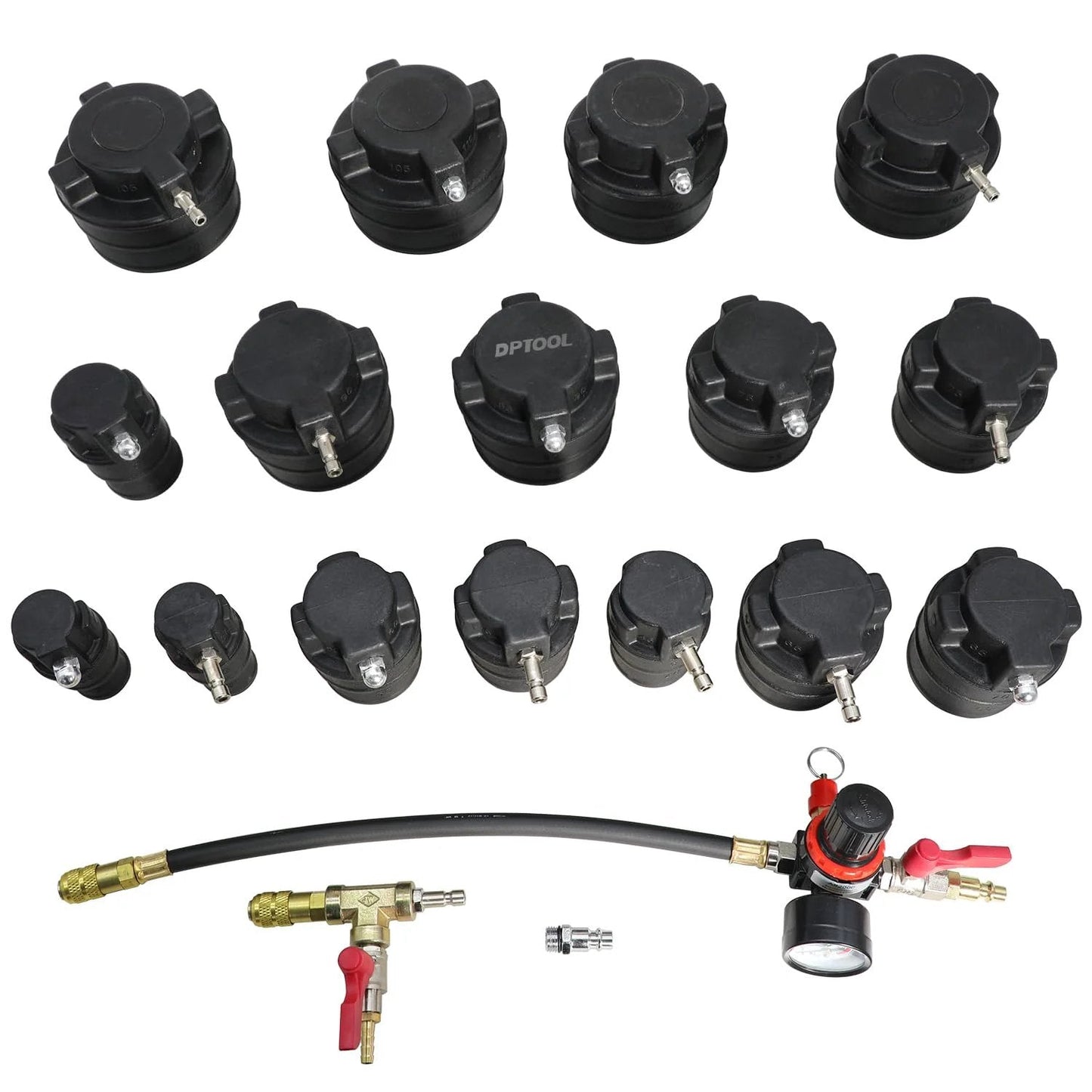 Turbo System Leakage Tester Kit With 19 Pieces For Turbochargers And Intercoolers Includes 16 Stepped Adapters, gauge and regulator.