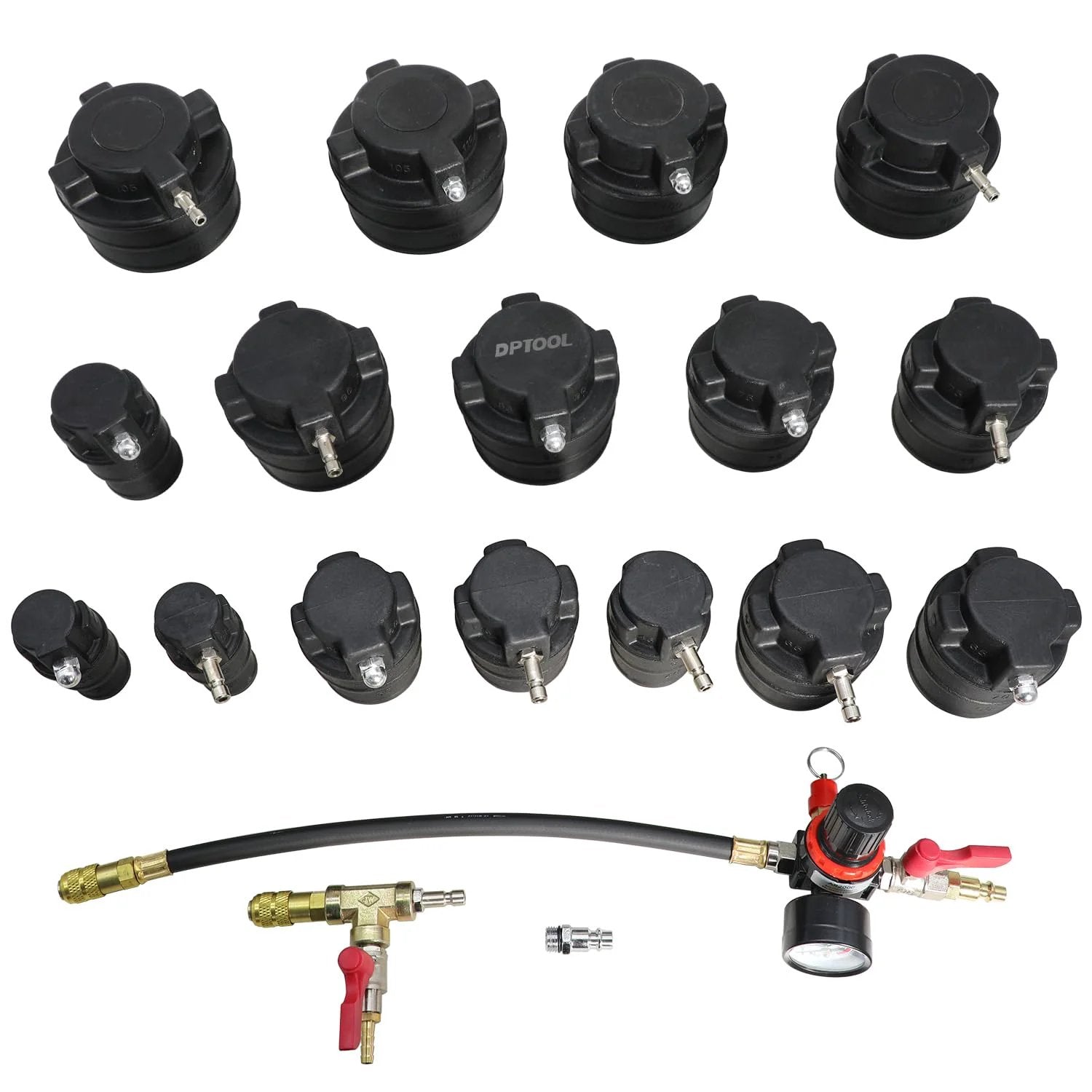 Turbo System Leakage Tester Kit With 19 Pieces For Turbochargers And Intercoolers Includes 16 Stepped Adapters, gauge and regulator.
