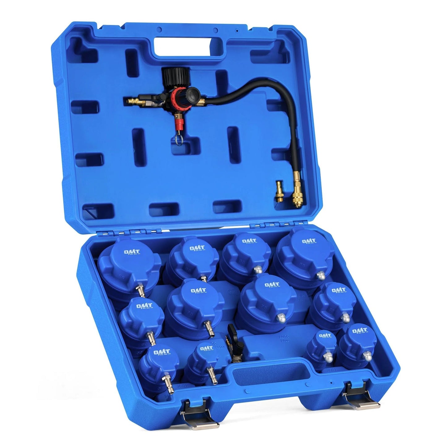 Turbo Boost Leak Tester Kit For Turbocharger Systems With Smoke Adapter And 6 Stepped Adapters From 1.2 To 3.5 Inches To Diagnose Leaks In Cooling Emission And Exhaust Lines Orion Motor Tech in blue case with adapters visible.